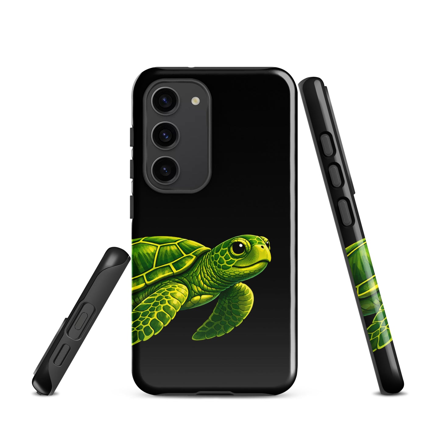 Phone case for Samsung Galaxy featuring a vibrant sea turtle design on a black background, offering style, protection, and ocean-inspired elegance.