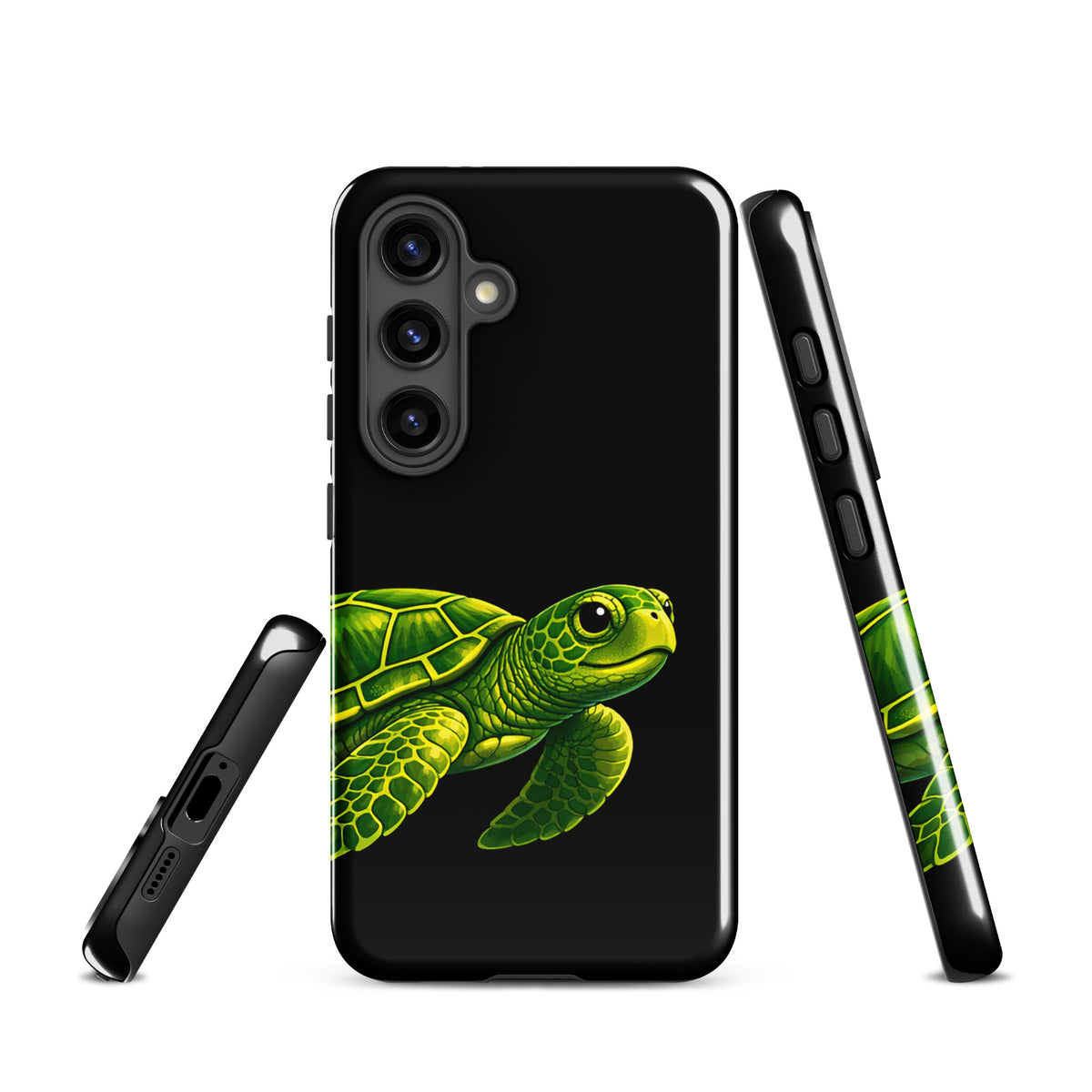 Phone case for Samsung Galaxy with sea turtle design on black background, combining artistry and protection.
