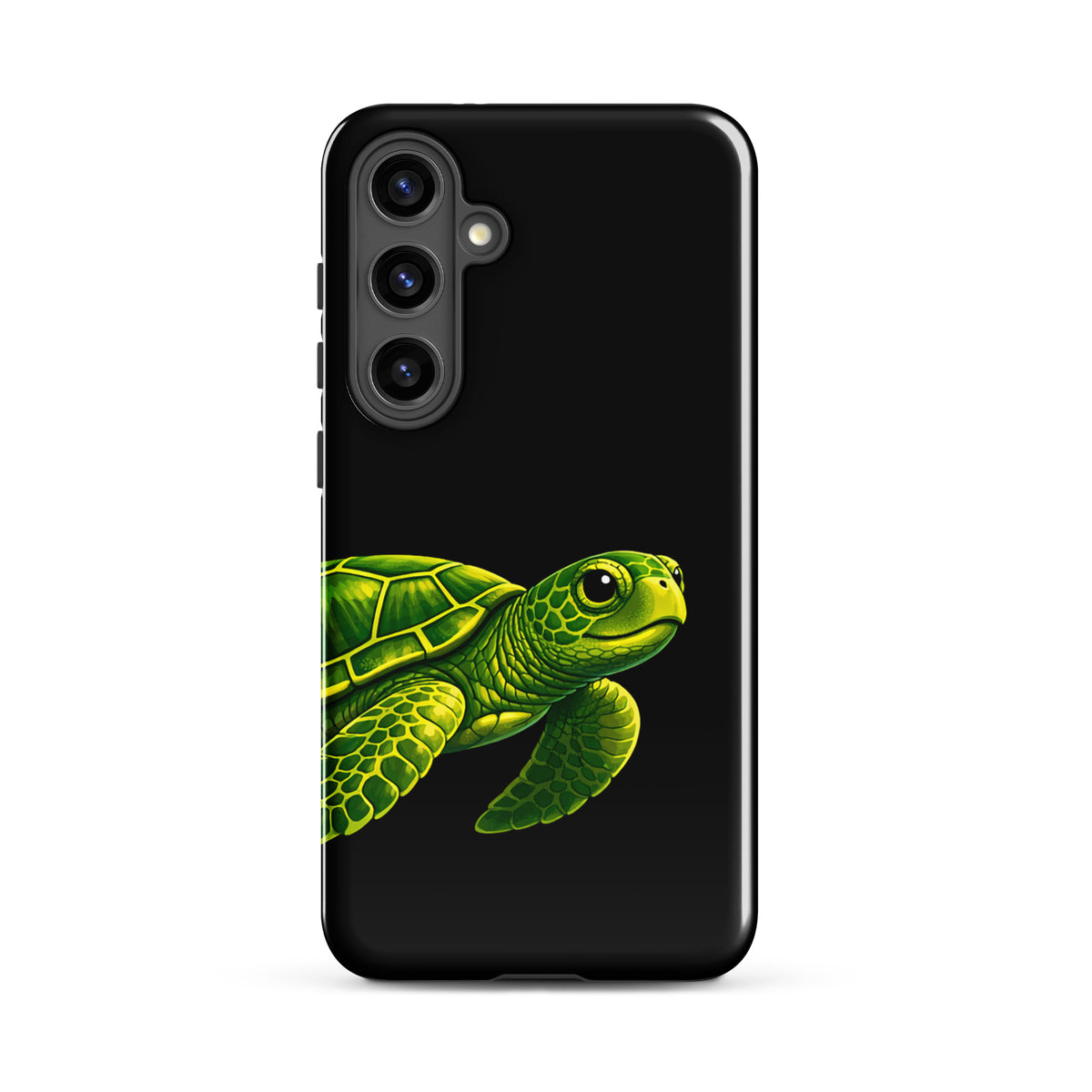 Phone case for Samsung Galaxy with vibrant sea turtle design on black background, combining style and protection.
