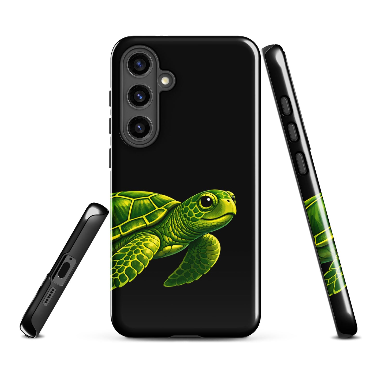 Phone case for Samsung Galaxy with sea turtle design on black background, featuring vibrant green illustration and premium artistry.