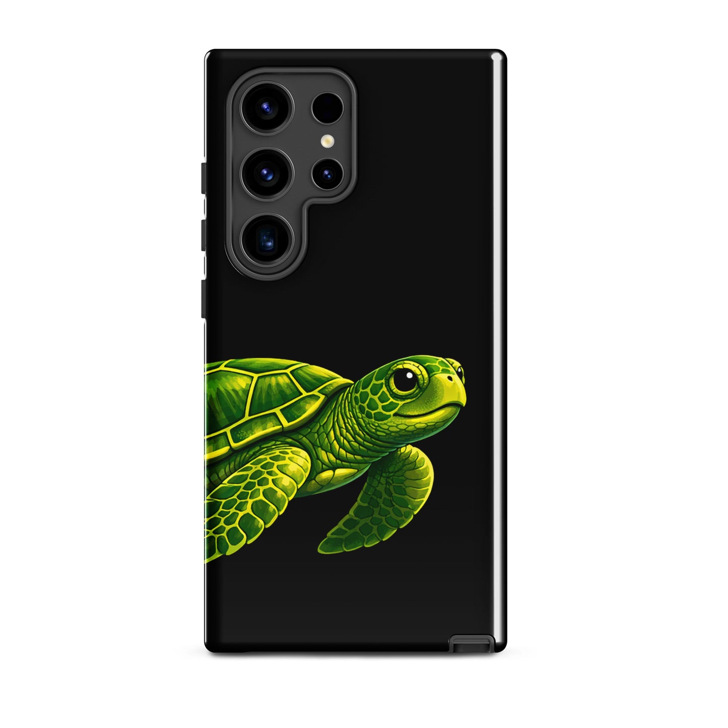 Phone case for Samsung Galaxy with sea turtle design, vibrant green turtle on black background offering style and protection.