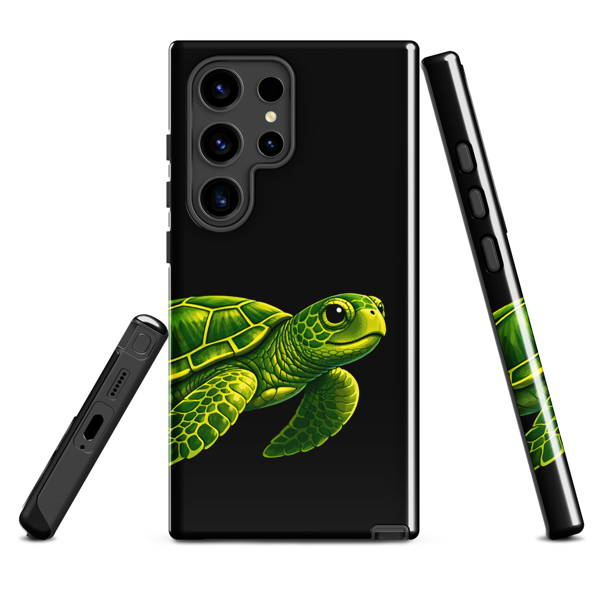 phone case with sea turtle design for Samsung Galaxy, featuring vibrant green turtle on black background for style and protection
