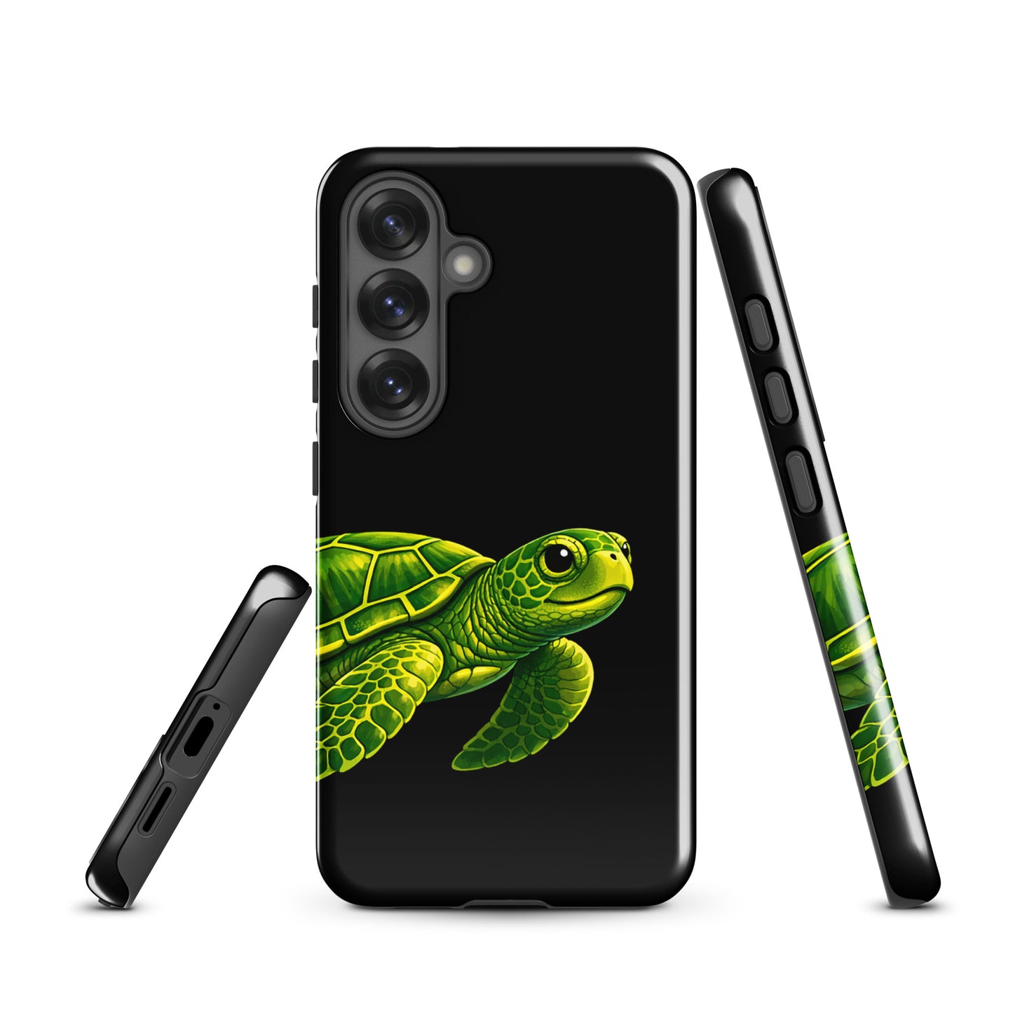 Phone case for Samsung Galaxy with vibrant sea turtle design on black background, offering style and protection with ocean-inspired elegance.