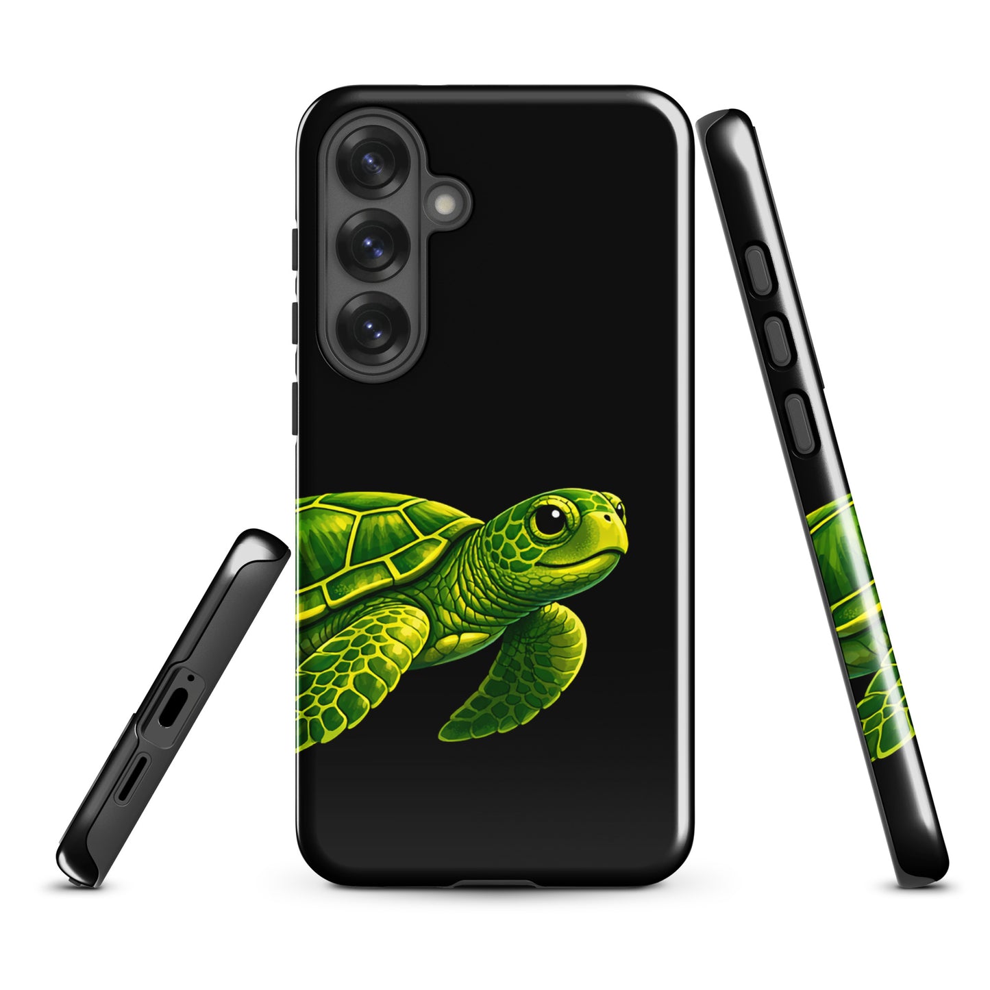 Phone case for Samsung Galaxy with sea turtle design, combining style and protection, featuring vibrant colors on a black background.