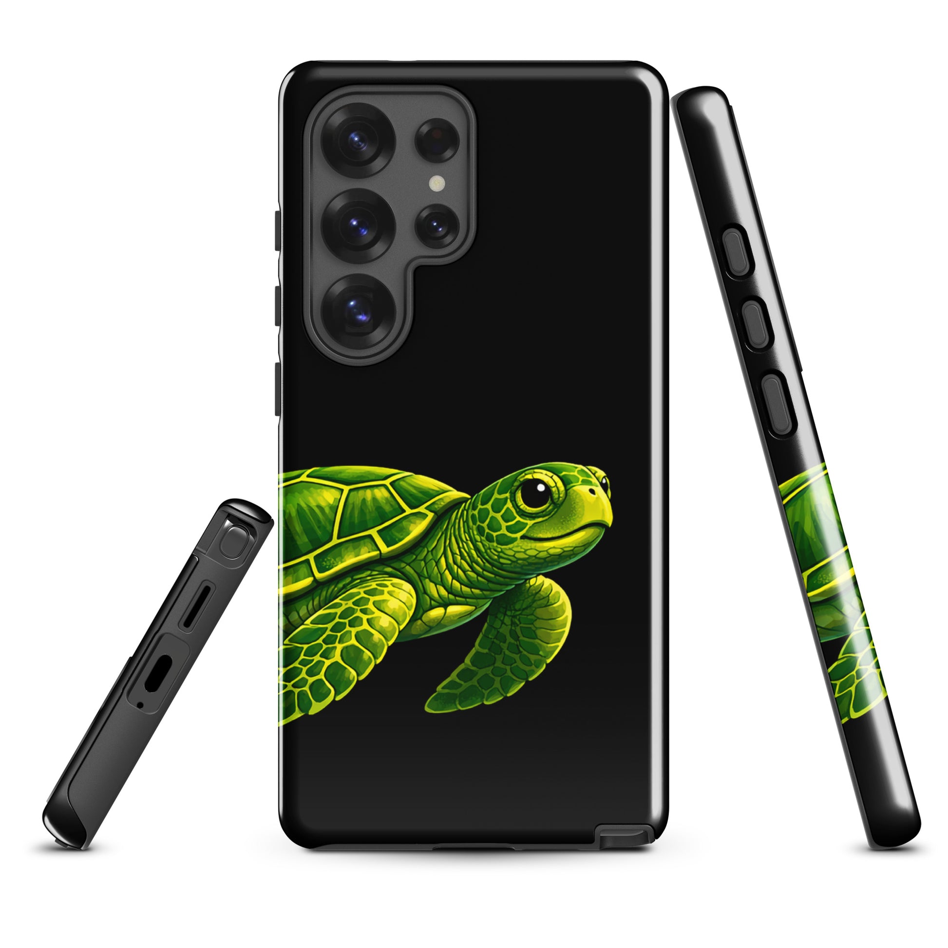 Phone case for Samsung Galaxy featuring vibrant sea turtle design on black background. Elegant and durable protection.