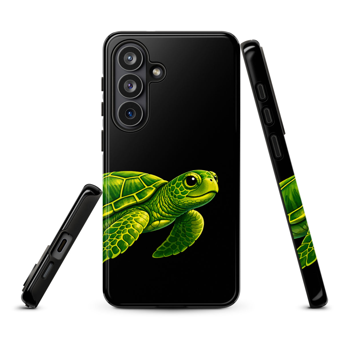 phone case with vibrant sea turtle design for Samsung Galaxy, offering style and protection on a deep black background