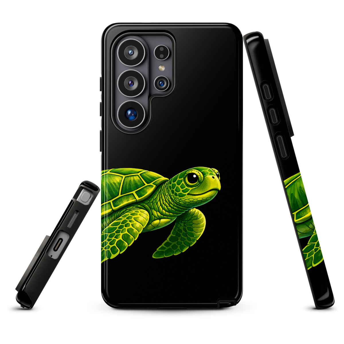 Phone case for Samsung Galaxy featuring sea turtle design on black background, showcases vibrant colors and ocean-inspired elegance.