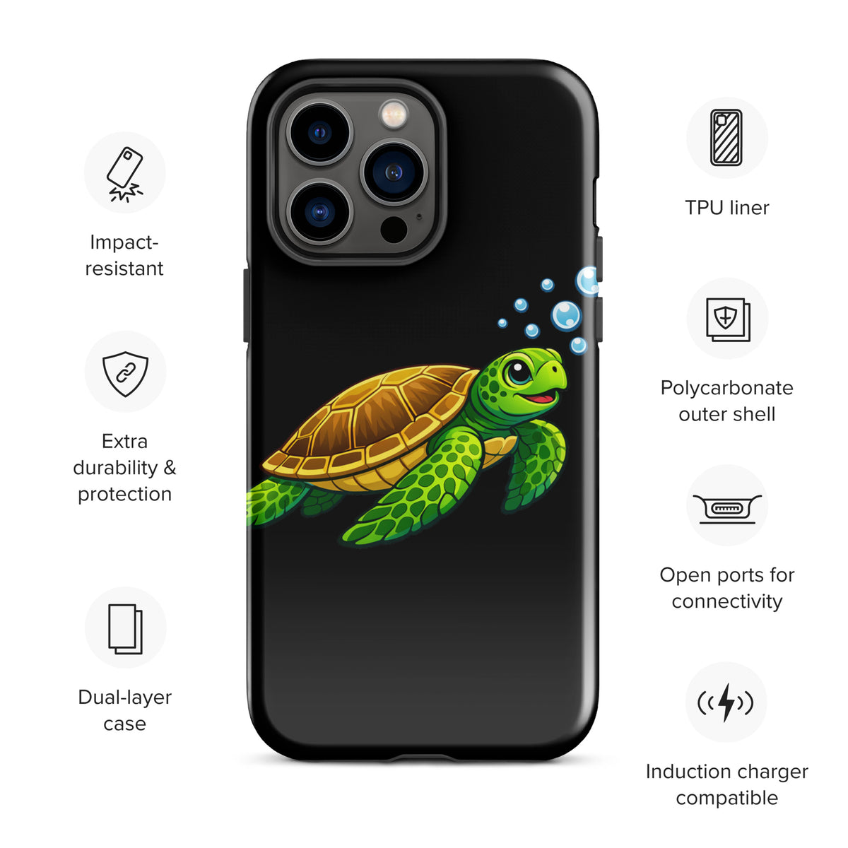 Phone Case for iPhone with sea turtle artwork, showcasing vibrant turtle design, durability icons, and compatibility features.