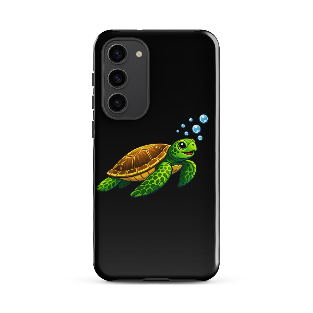 Phone Case for Samsung Galaxy with vibrant sea turtle artwork on black background.