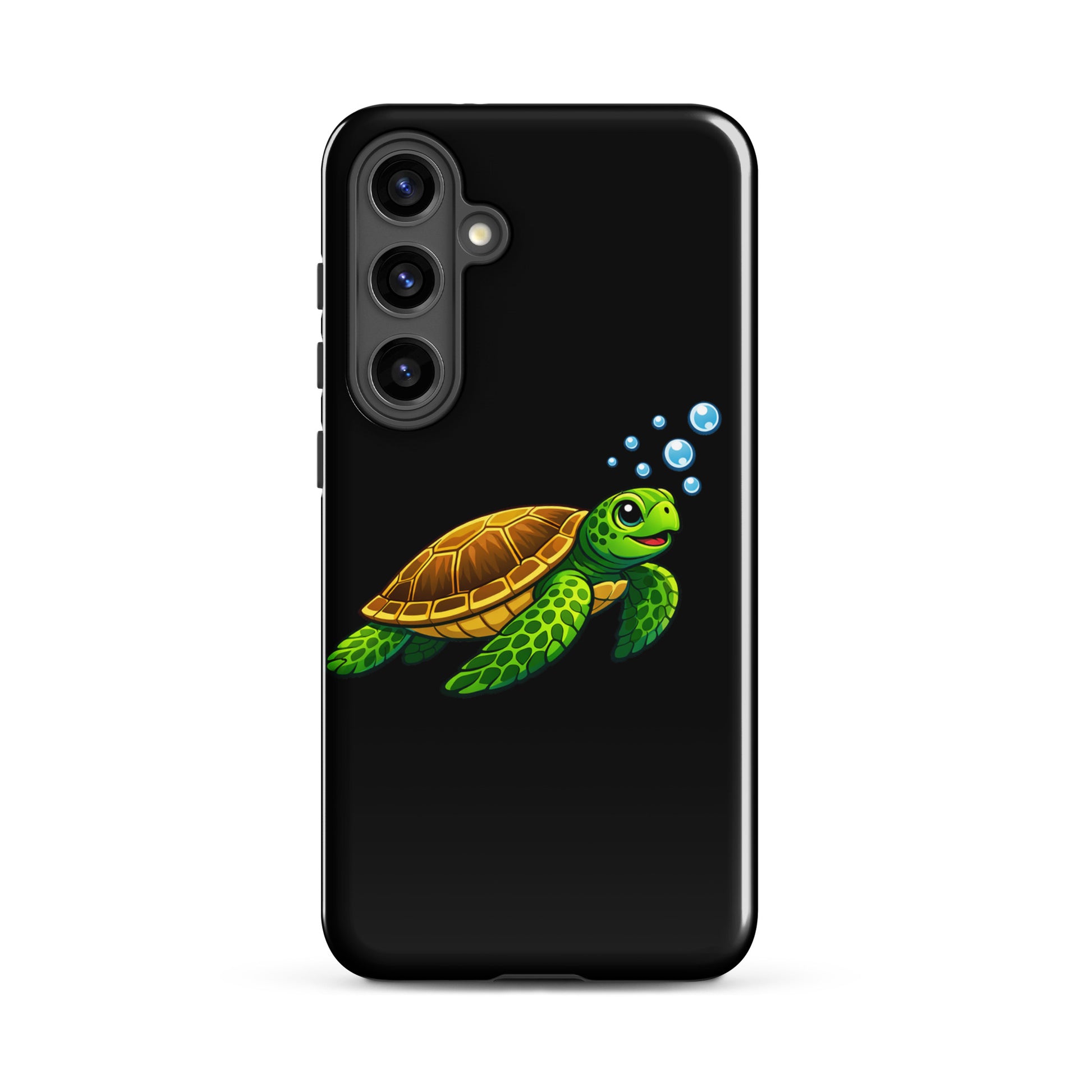 Phone Case for Samsung Galaxy featuring vibrant sea turtle artwork on black background.