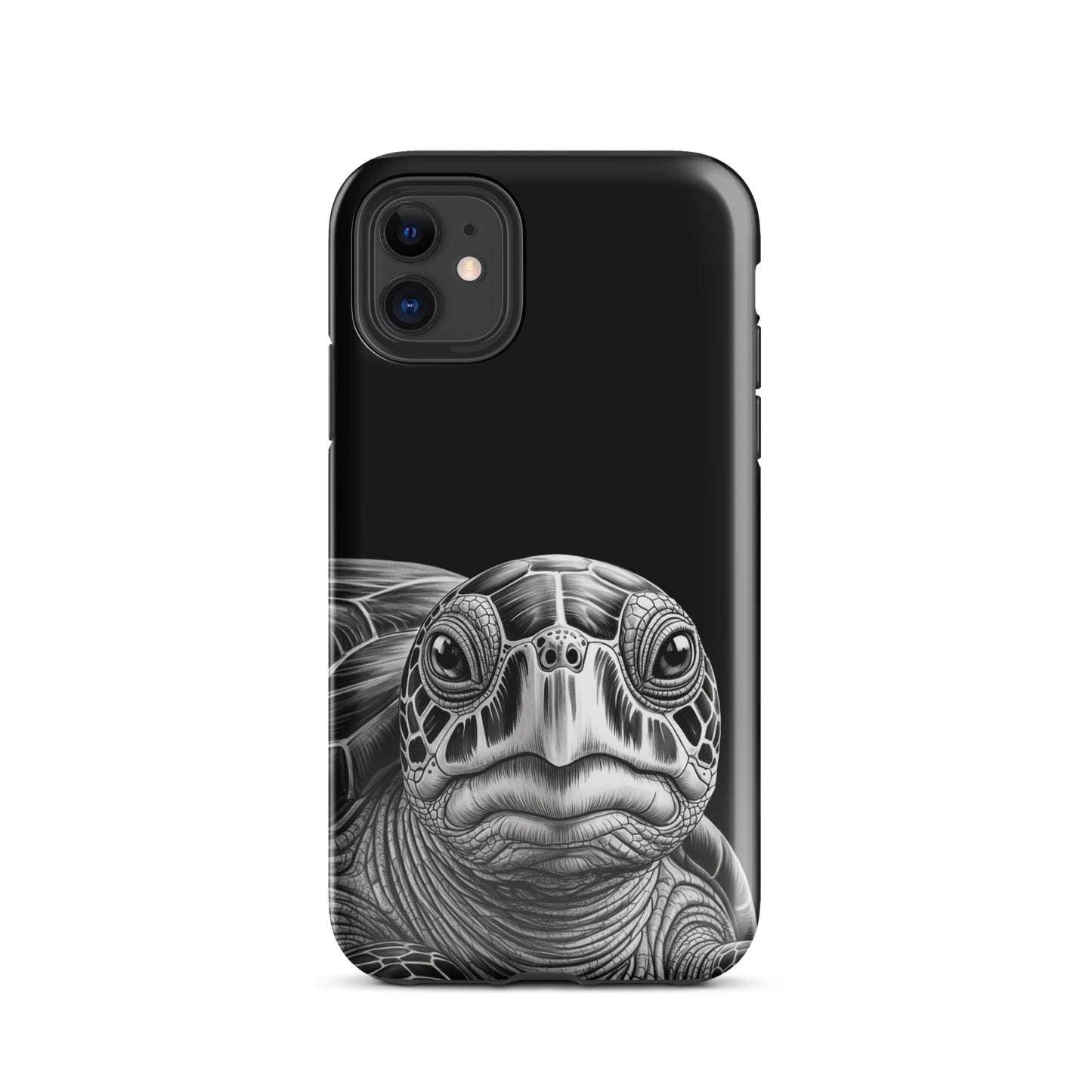 Phone Case for iPhone with realistic ancient sea turtle art, featuring intricate shell design and soulful gaze in black and white.