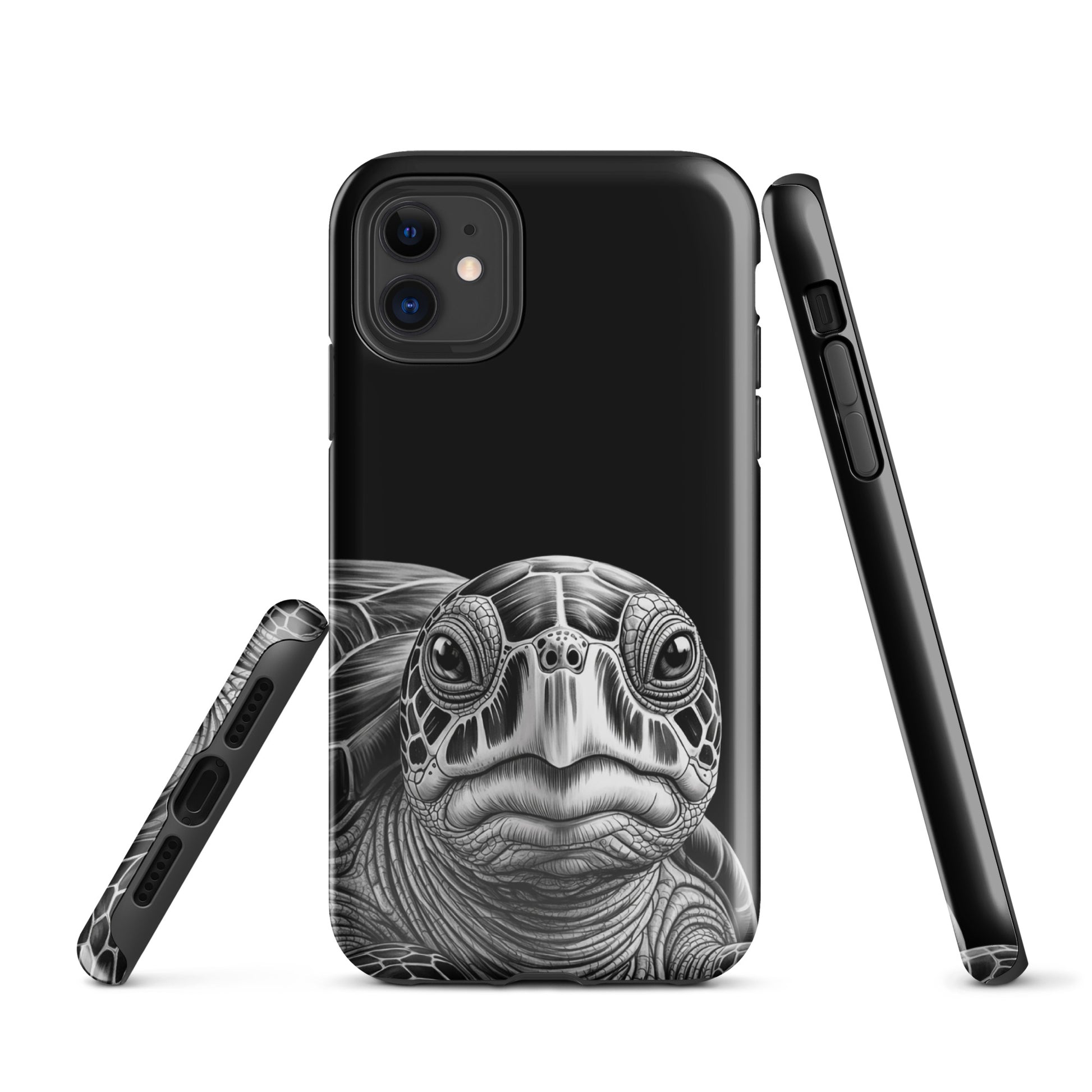 Phone Case for iPhone with ancient sea turtle art, featuring intricate black-and-white pencil sketch design.