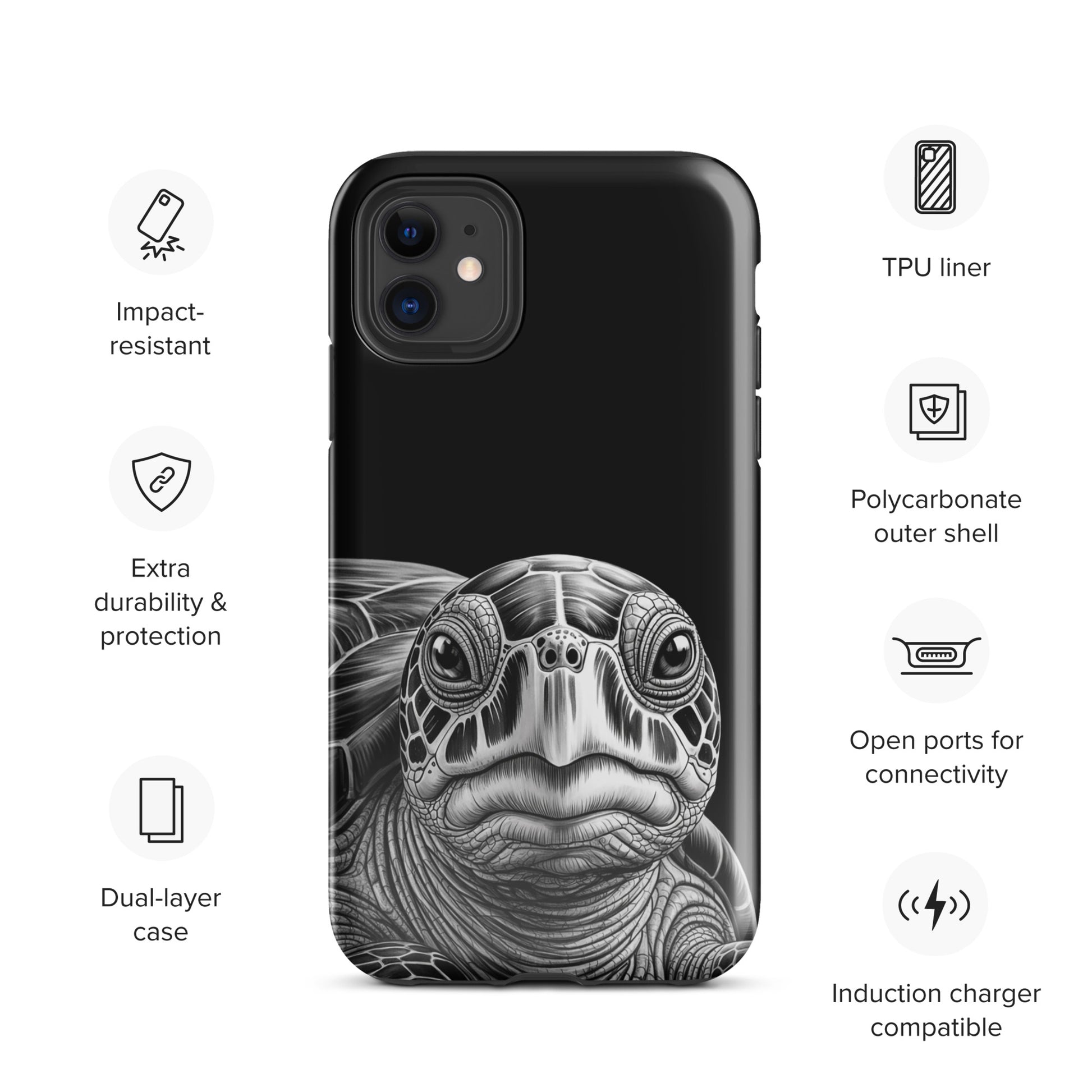 Phone Case for iPhone with ancient sea turtle art, featuring black-and-white sketch, dual-layer protection, and TPU liner for durability.