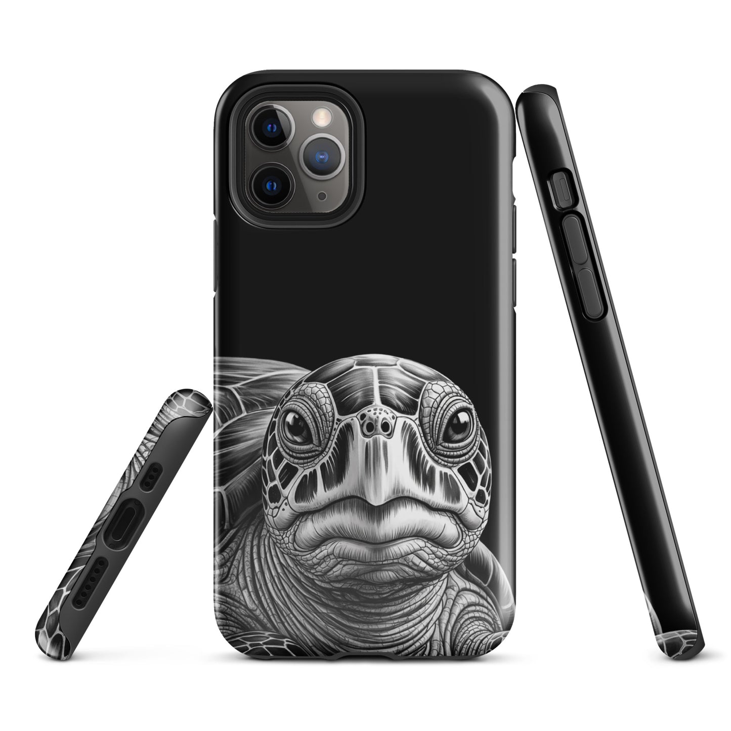 Phone Case for iPhone with black-and-white ancient sea turtle art, showcasing intricate shell design and soulful gaze for protection.
