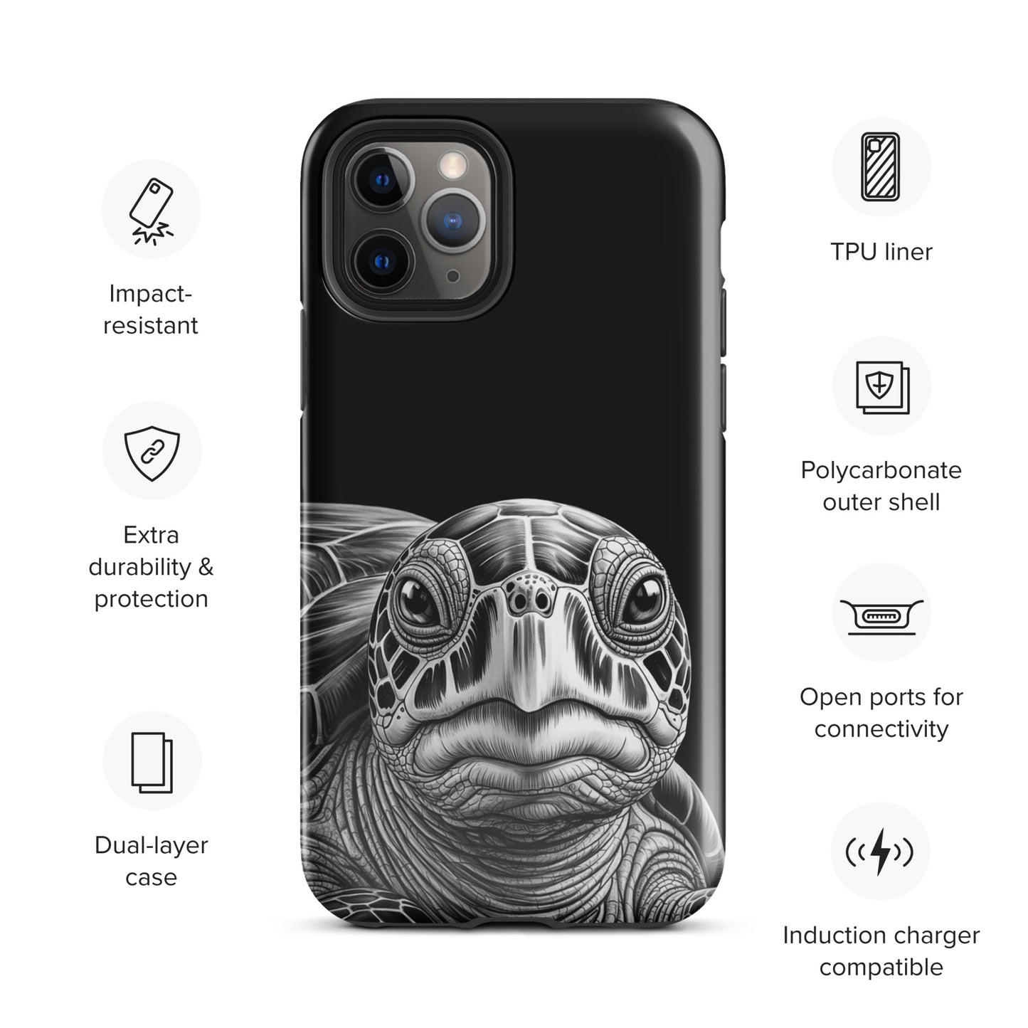 Phone Case featuring ancient sea turtle art for iPhone, showcasing luxurious black-and-white sketch, impact-resistant, dual-layer protection.