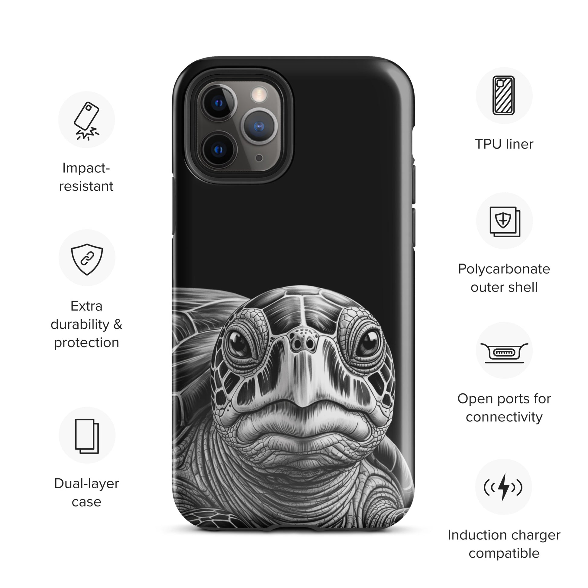 Phone Case featuring ancient sea turtle art for iPhone, showcasing luxurious black-and-white sketch, impact-resistant, dual-layer protection.