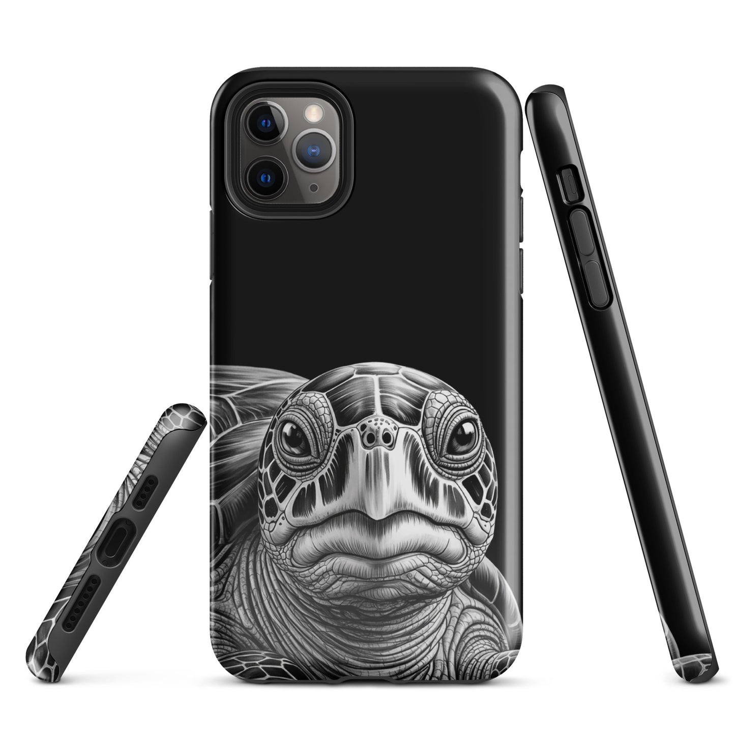 Phone Case with ancient sea turtle art for iPhone, featuring hyper-realistic black-and-white turtle design on a protective cover.