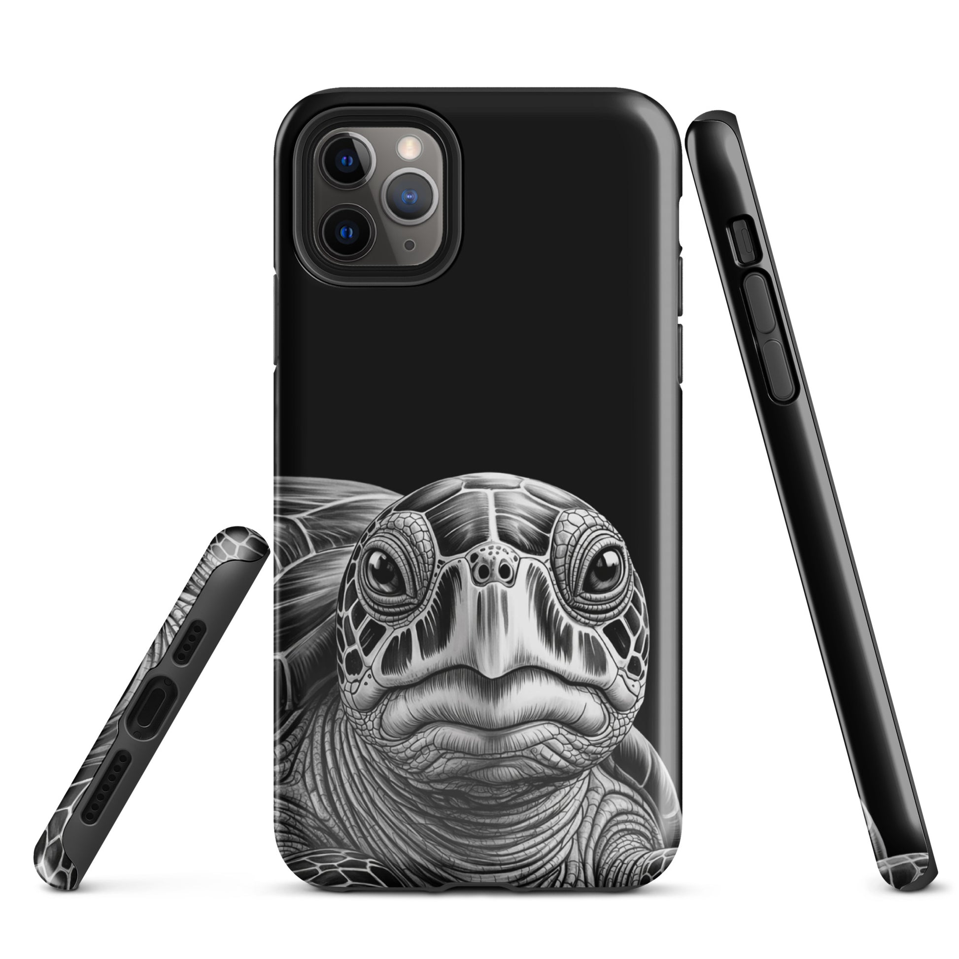 Phone Case with ancient sea turtle art for iPhone, featuring hyper-realistic black-and-white turtle design on a protective cover.