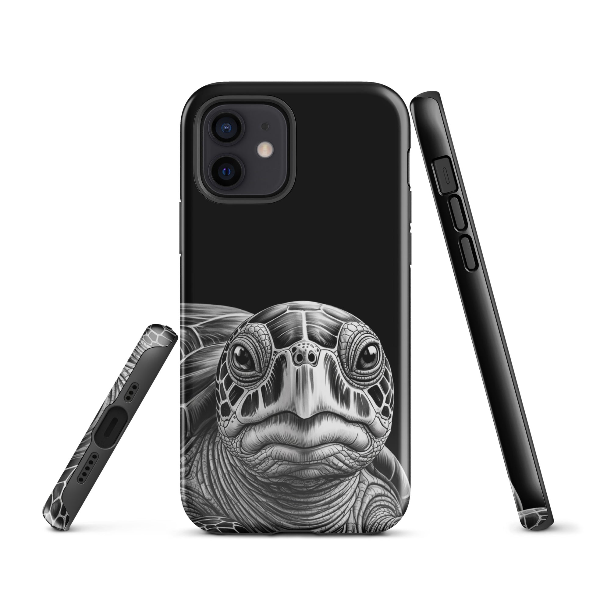 Phone Case for iPhone with ancient sea turtle art design, showcasing a detailed black-and-white sketch of a turtle for timeless protection.