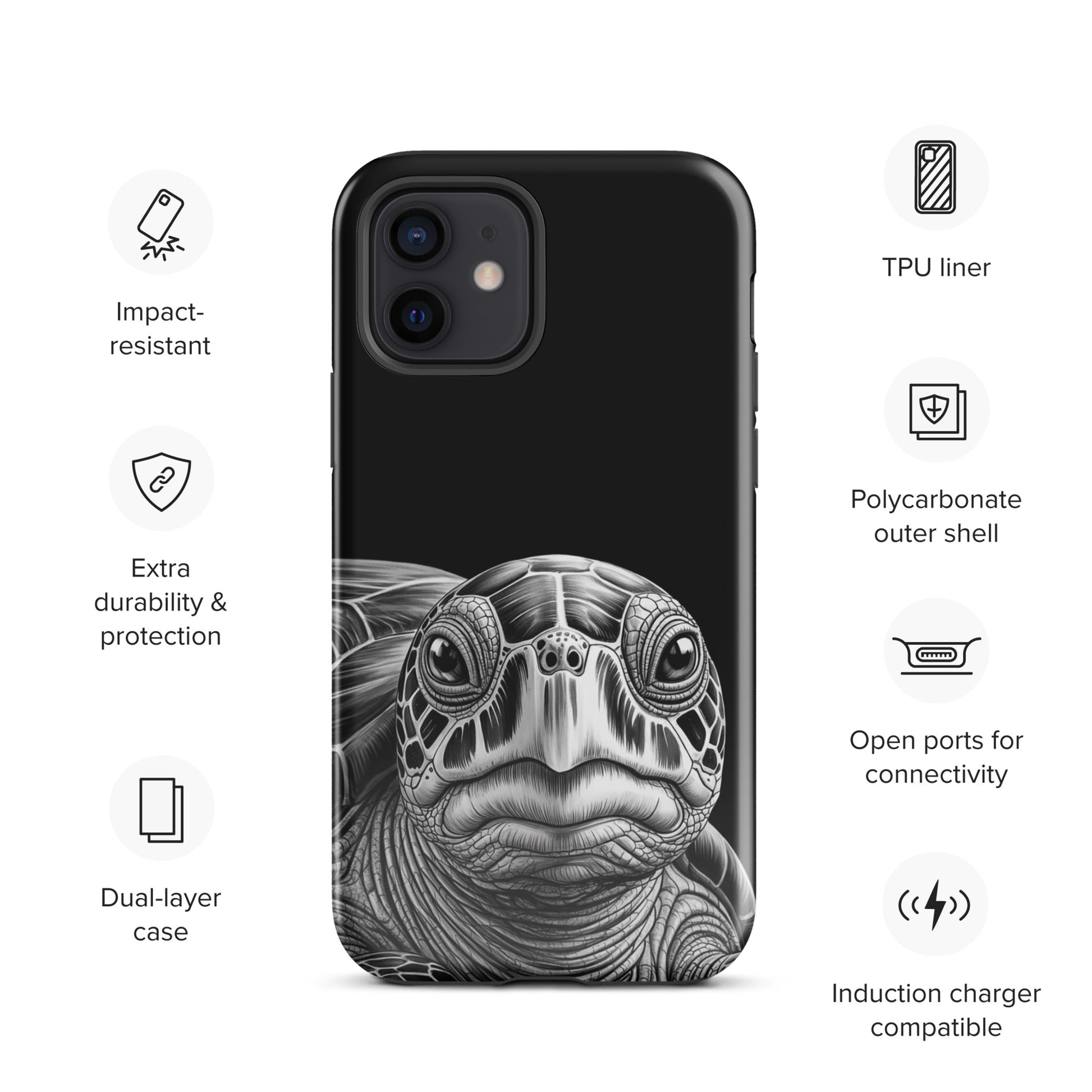 Phone Case for iPhone with ancient sea turtle sketch, showcasing durability and artful design with impact resistance and induction charging.