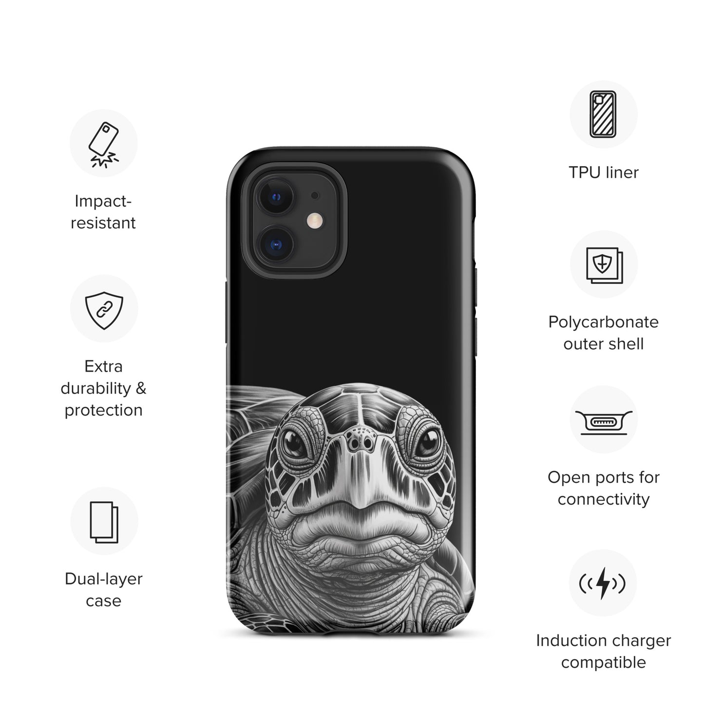 Phone Case featuring ancient sea turtle art, black and white design offering durable protection for iPhone.