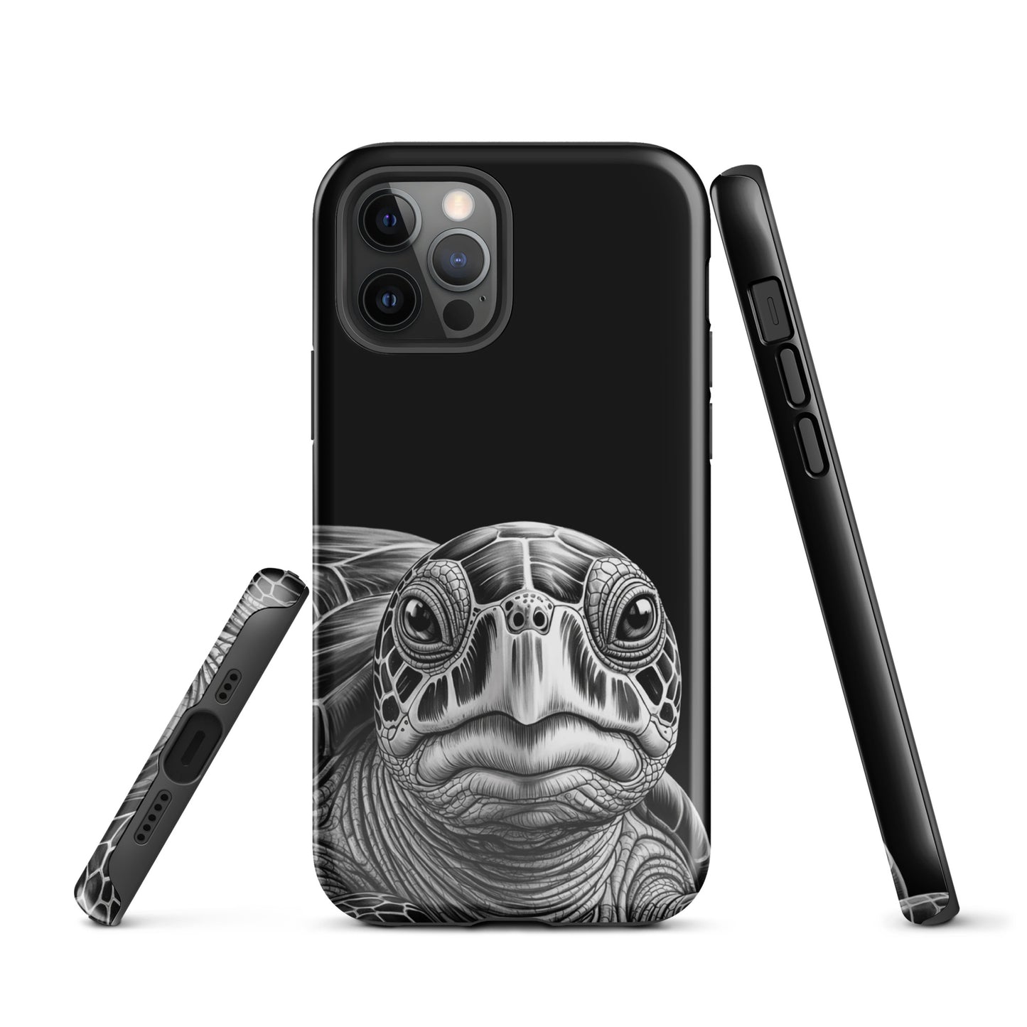 Phone Case for iPhone with ancient sea turtle art in black-and-white, showcasing intricate shell design and soulful gaze.