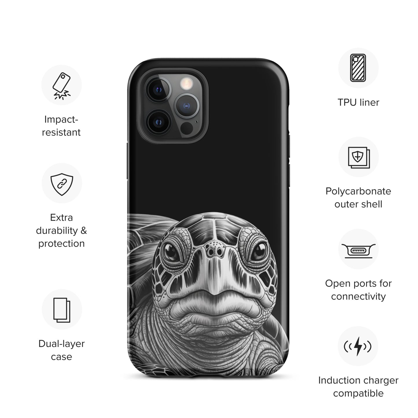 Phone Case featuring black-and-white ancient sea turtle sketch, impact-resistant and durable with polycarbonate shell.