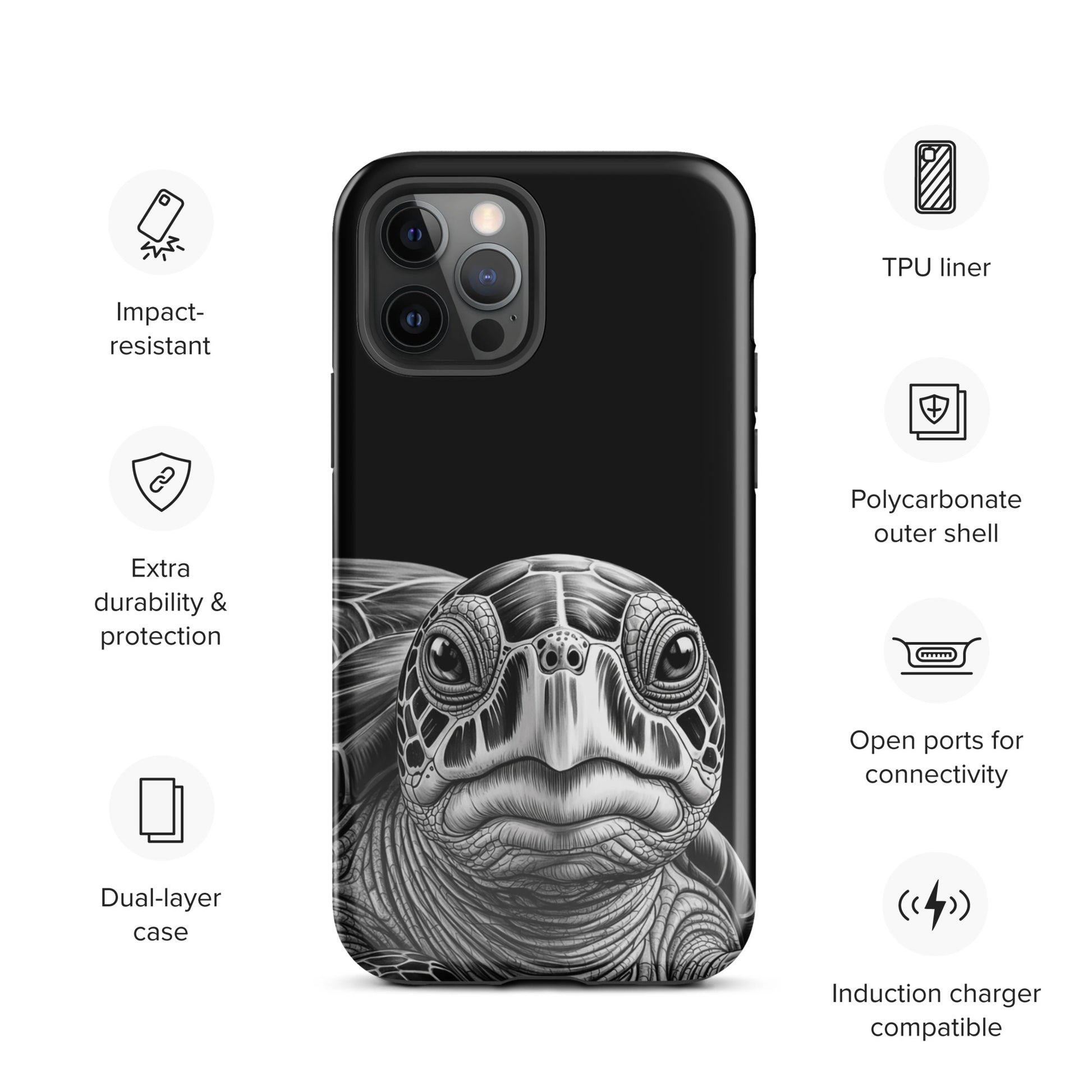 Phone Case featuring black-and-white ancient sea turtle sketch, impact-resistant and durable with polycarbonate shell.