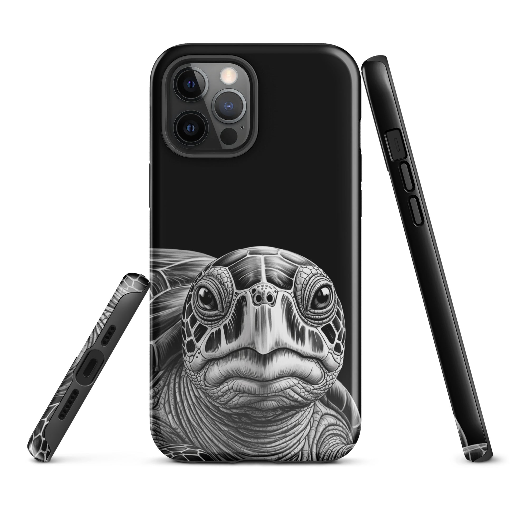 Phone Case for iPhone with ancient sea turtle art, black and white pencil sketch, detailed turtle shell design.