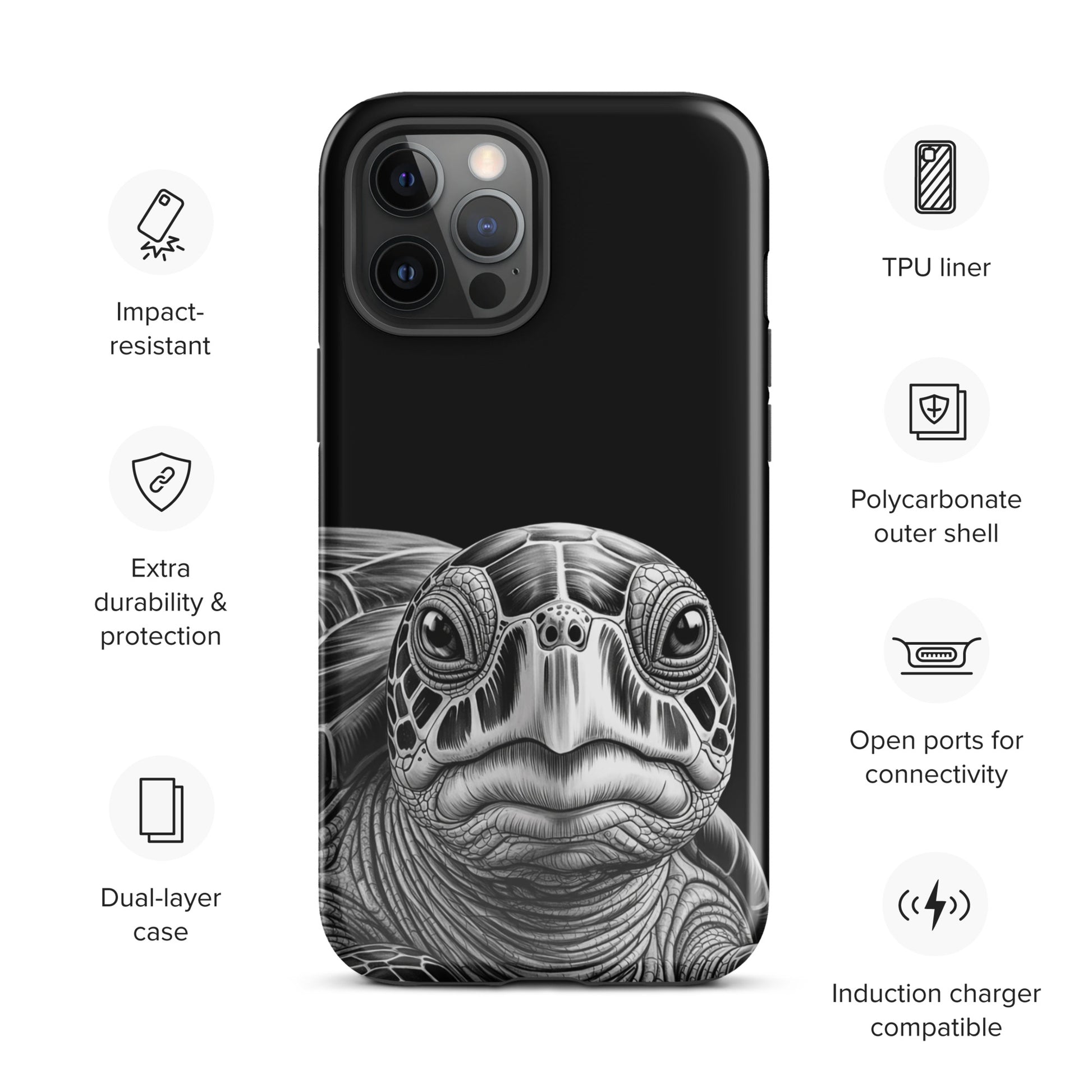 Phone Case with ancient sea turtle art offering durability and timeless protection, featuring a detailed turtle sketch on black background.