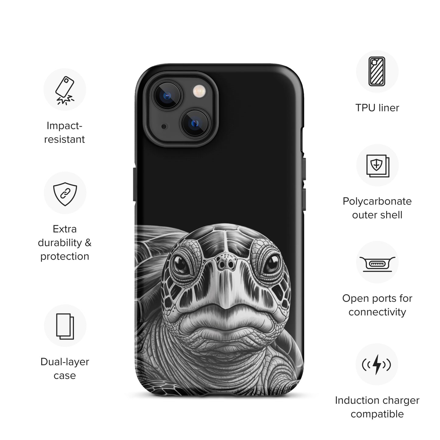Phone Case with ancient sea turtle art, black and white sketch for iPhone featuring durable dual-layer, TPU liner, polycarbonate shell.