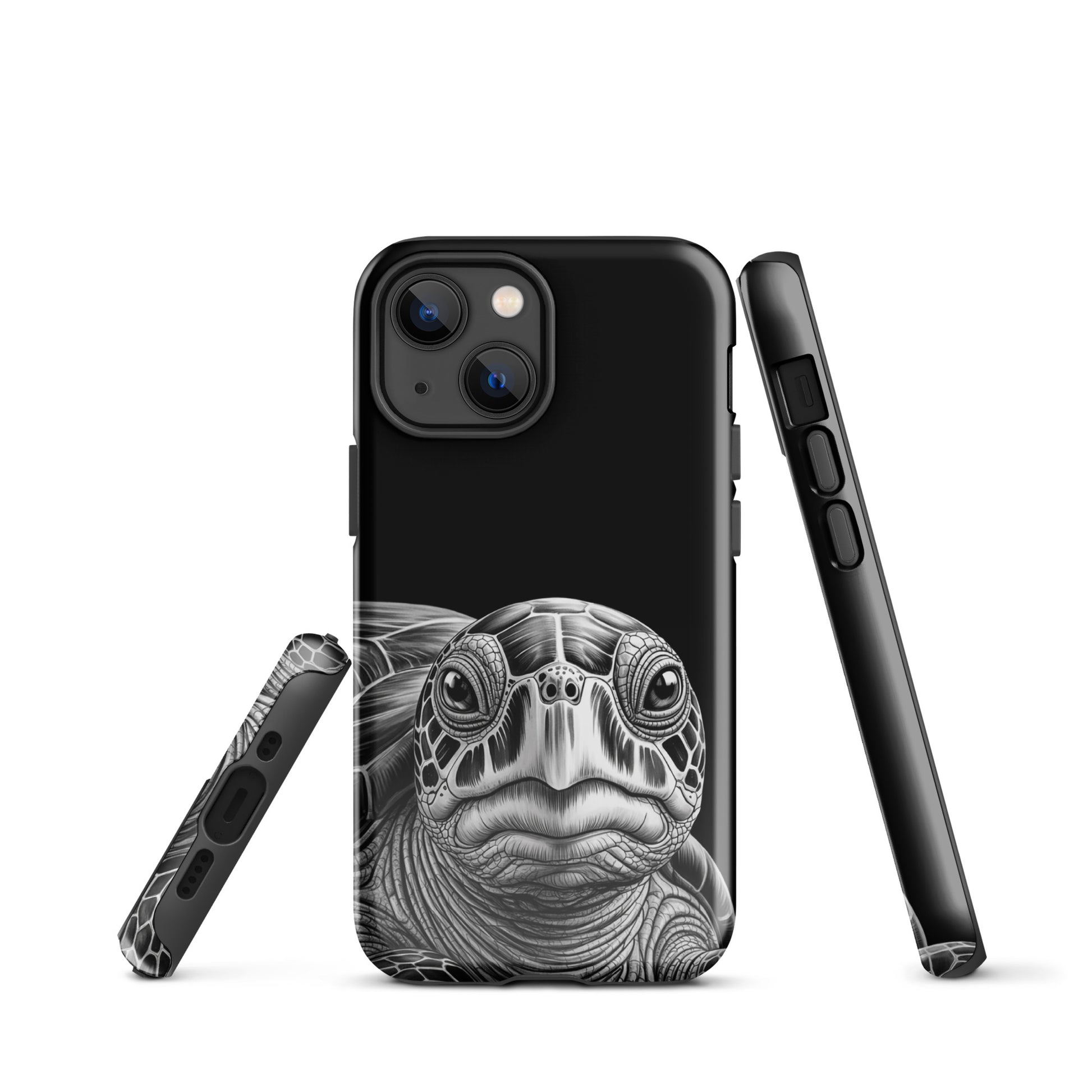 Phone Case for iPhone with ancient sea turtle art, featuring a black-and-white pencil sketch highlighting the turtle's detailed shell and gaze.