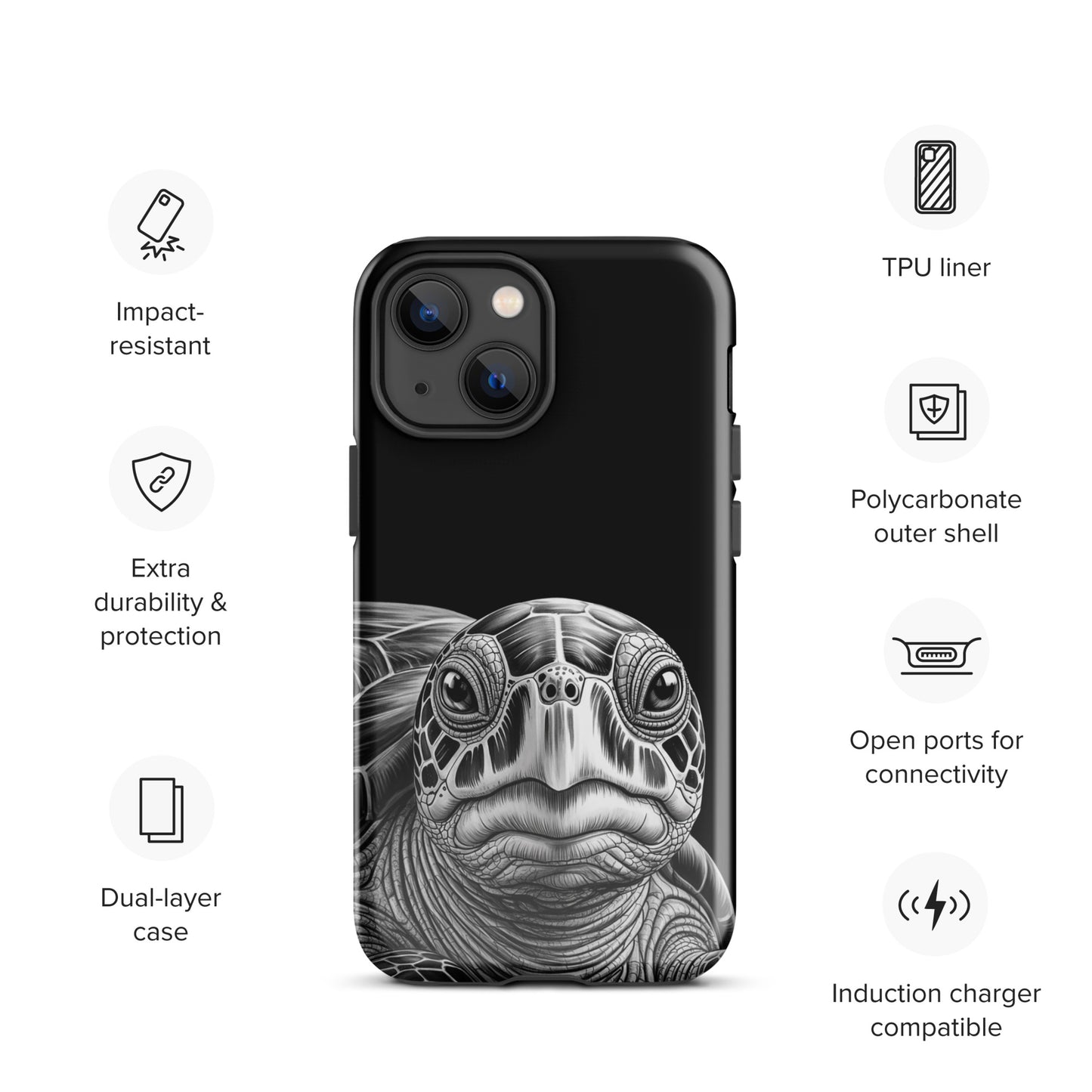 Phone Case for iPhone with ancient sea turtle art in black and white, showcasing durability and intricate design.