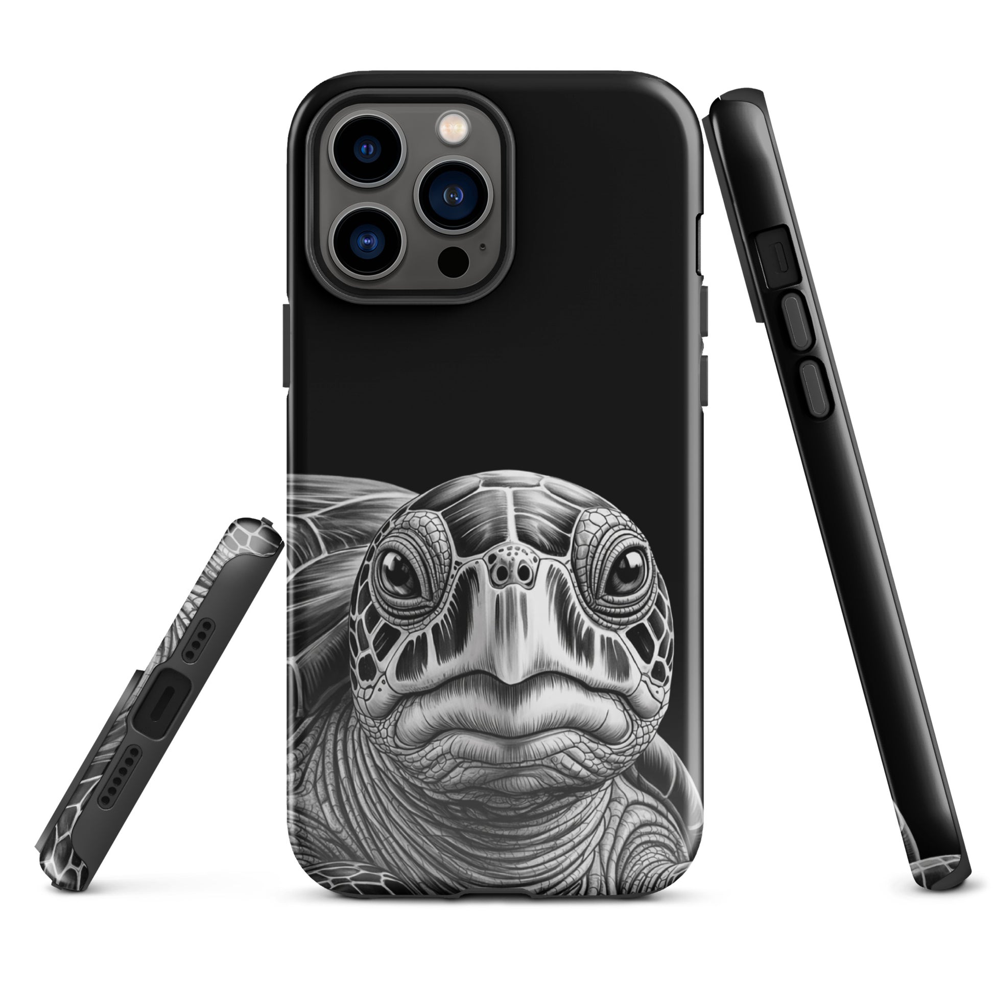 Phone Case for iPhone featuring black-and-white sea turtle art with intricate design and timeless protection.