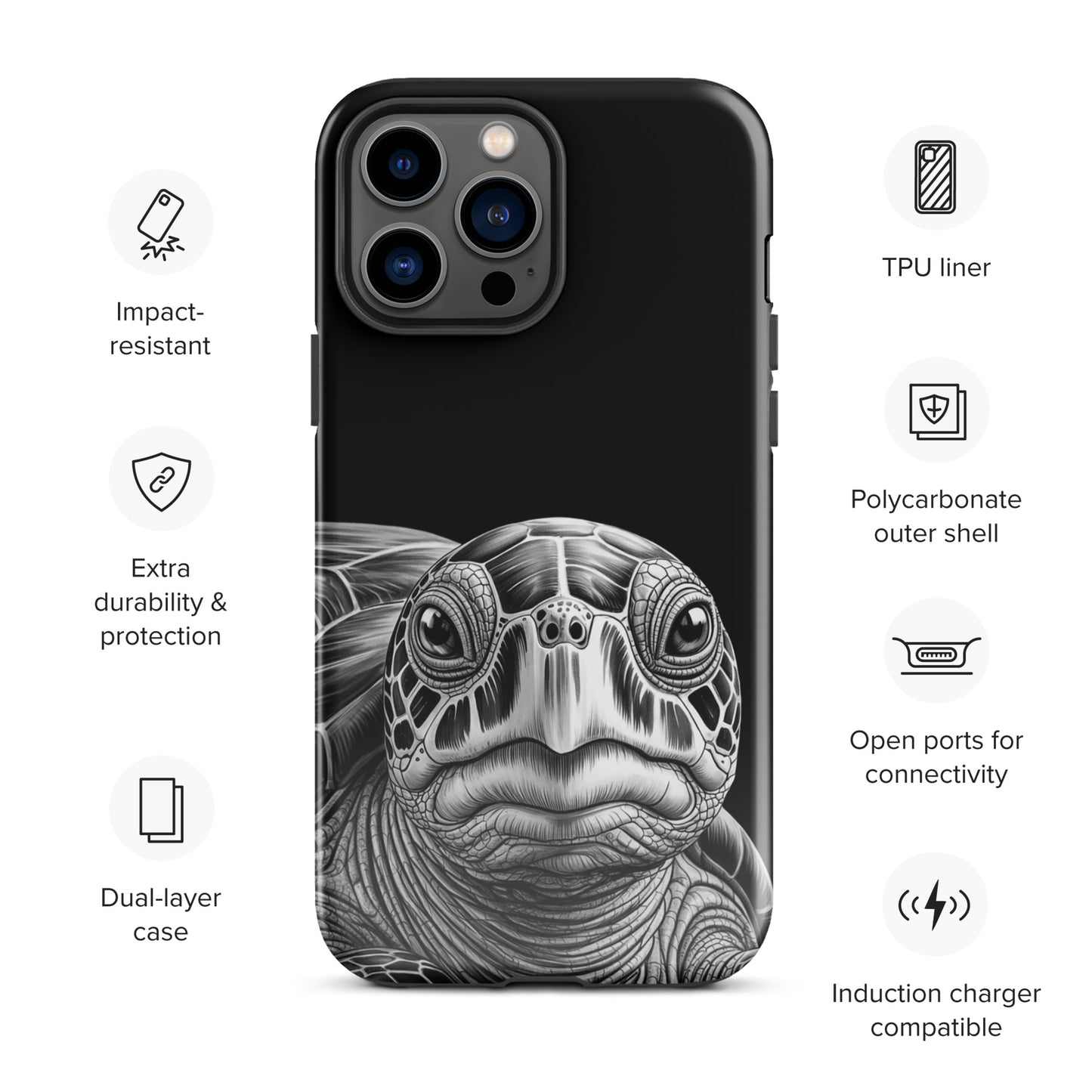 Phone Case for iPhone with black-and-white sea turtle art, featuring impact-resistant TPU liner and polycarbonate outer shell.