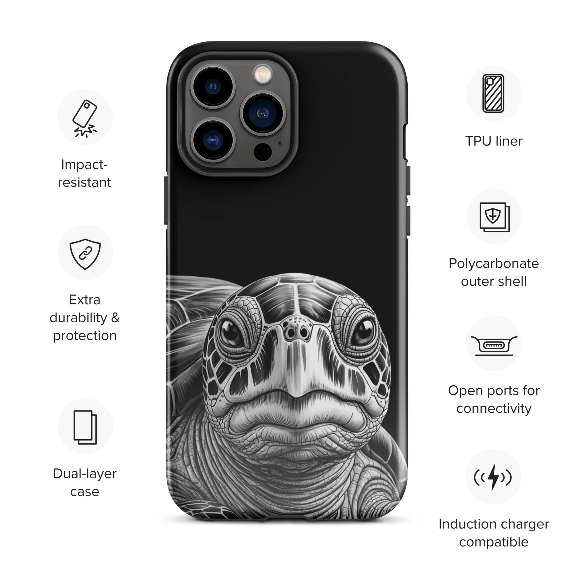 Phone Case for iPhone with black-and-white sea turtle art, featuring impact-resistant TPU liner and polycarbonate outer shell.
