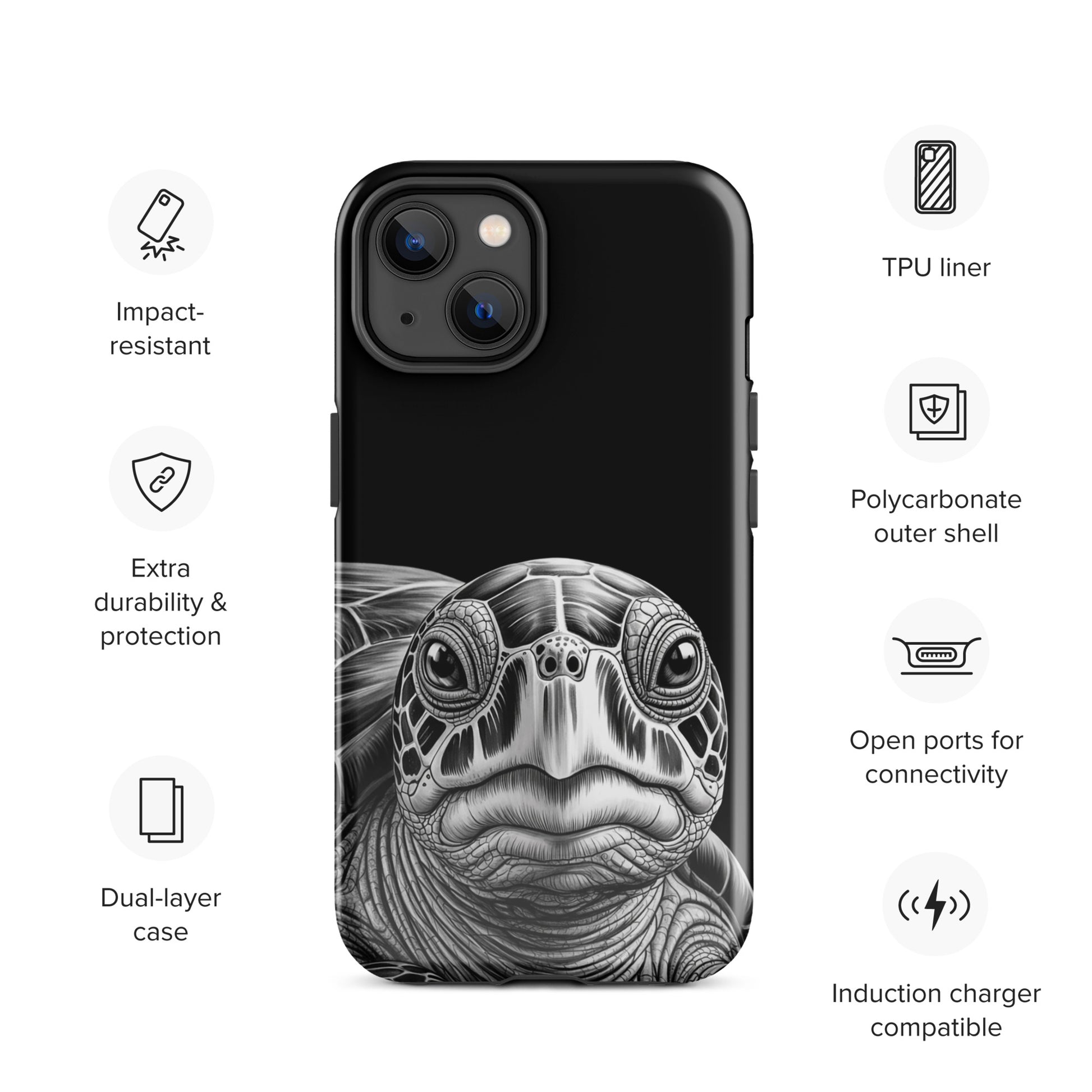 Phone Case with ancient sea turtle art featuring black and white sketch for iPhone, showcasing durability and timeless protection.