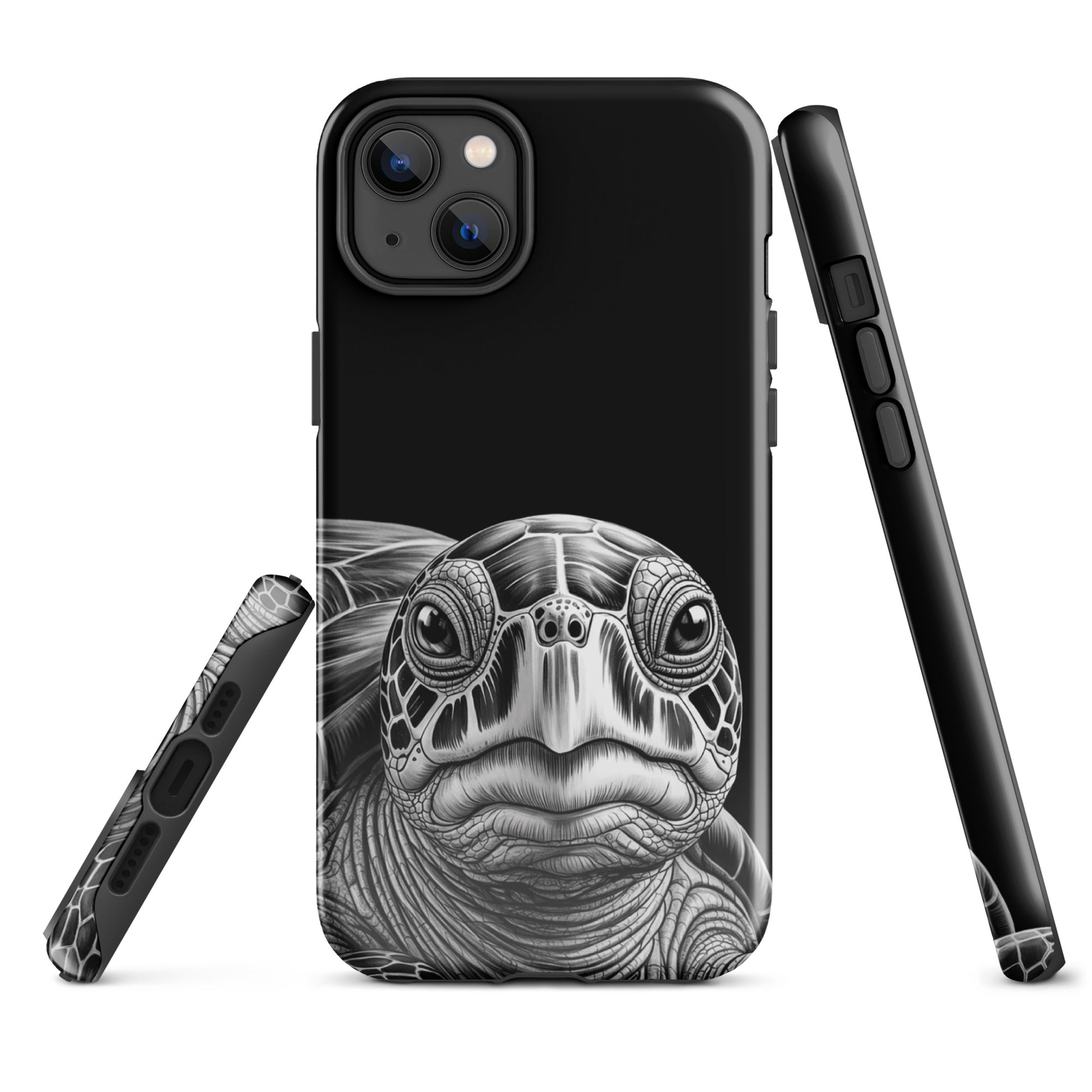 Phone Case featuring black and white sea turtle art for iPhone, showcasing intricate shell and gaze with timeless protection.