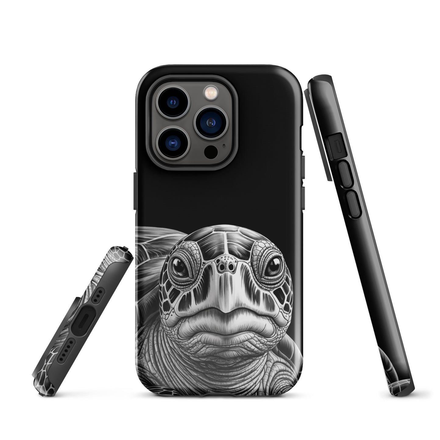 Phone Case with ancient sea turtle art featuring detailed black-and-white sketch on an iPhone, showcasing luxurious and timeless protection.