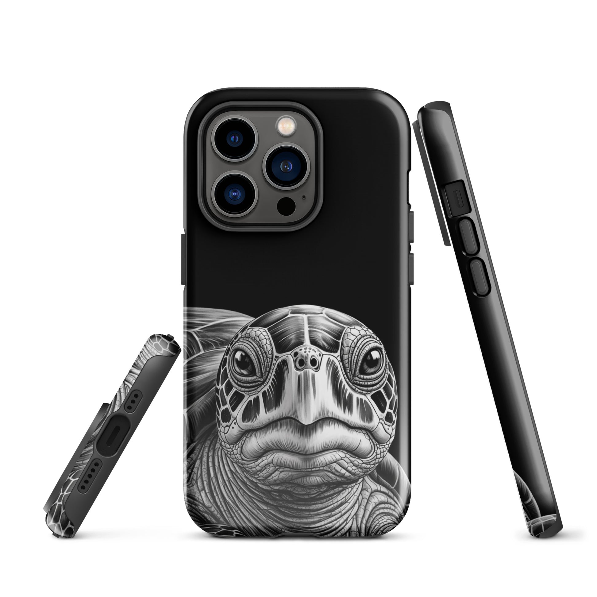 Phone Case with ancient sea turtle art featuring detailed black-and-white sketch on an iPhone, showcasing luxurious and timeless protection.