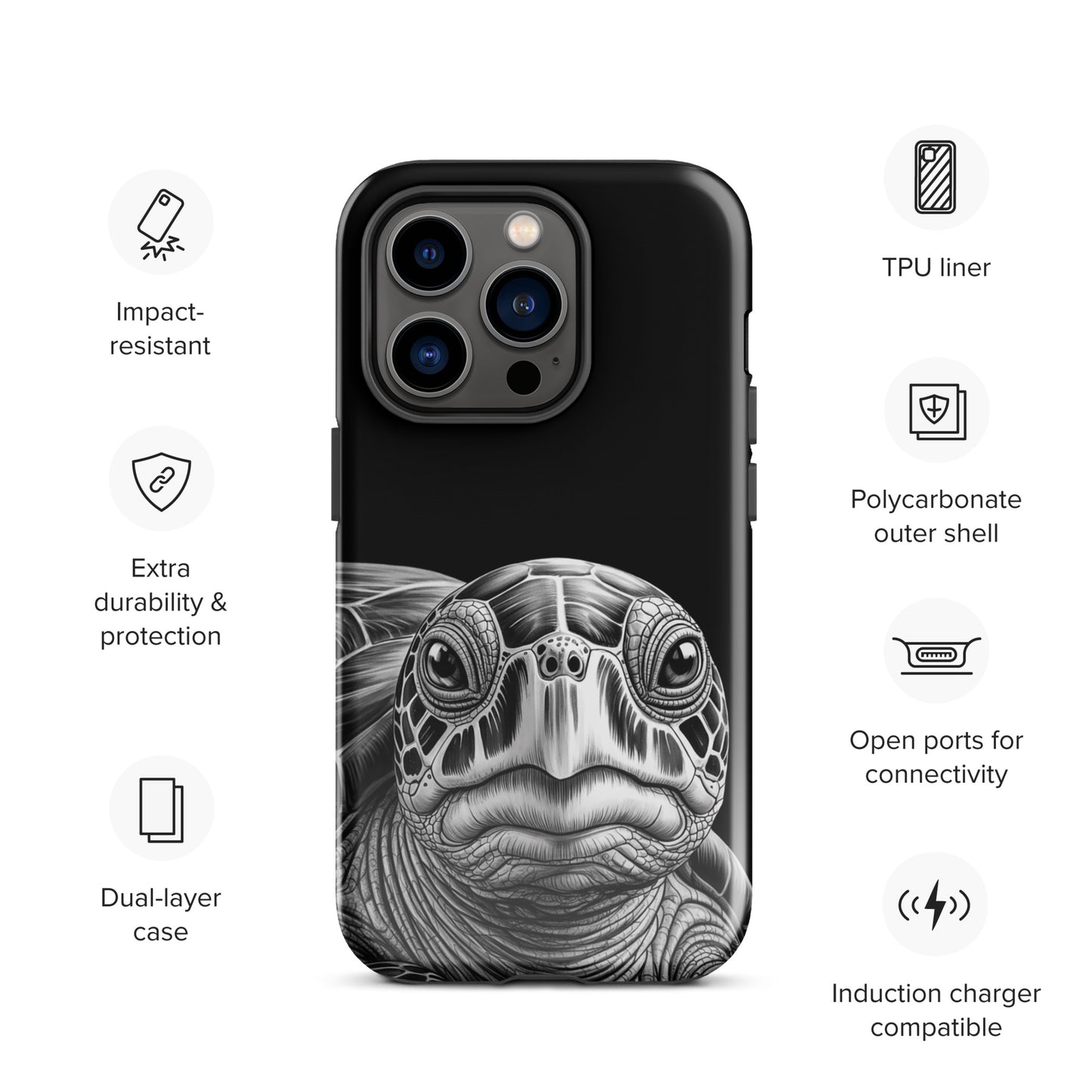 Phone Case featuring ancient sea turtle art in black‑and‑white design for iPhone, showcasing durability and style.