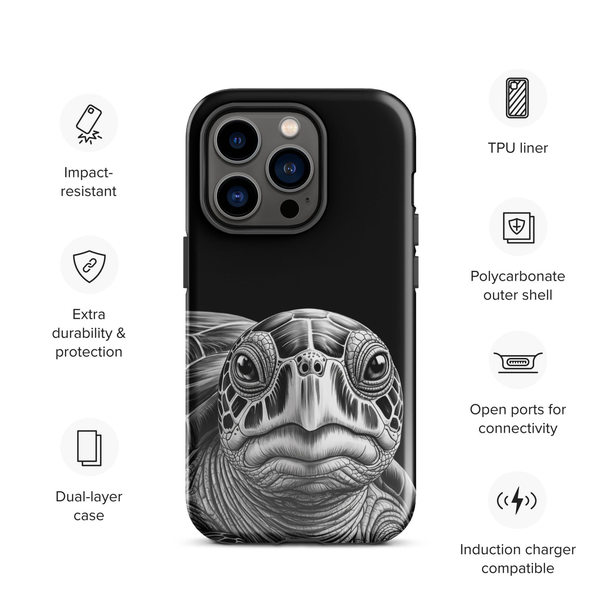 Phone Case featuring ancient sea turtle art in black‑and‑white design for iPhone, showcasing durability and style.