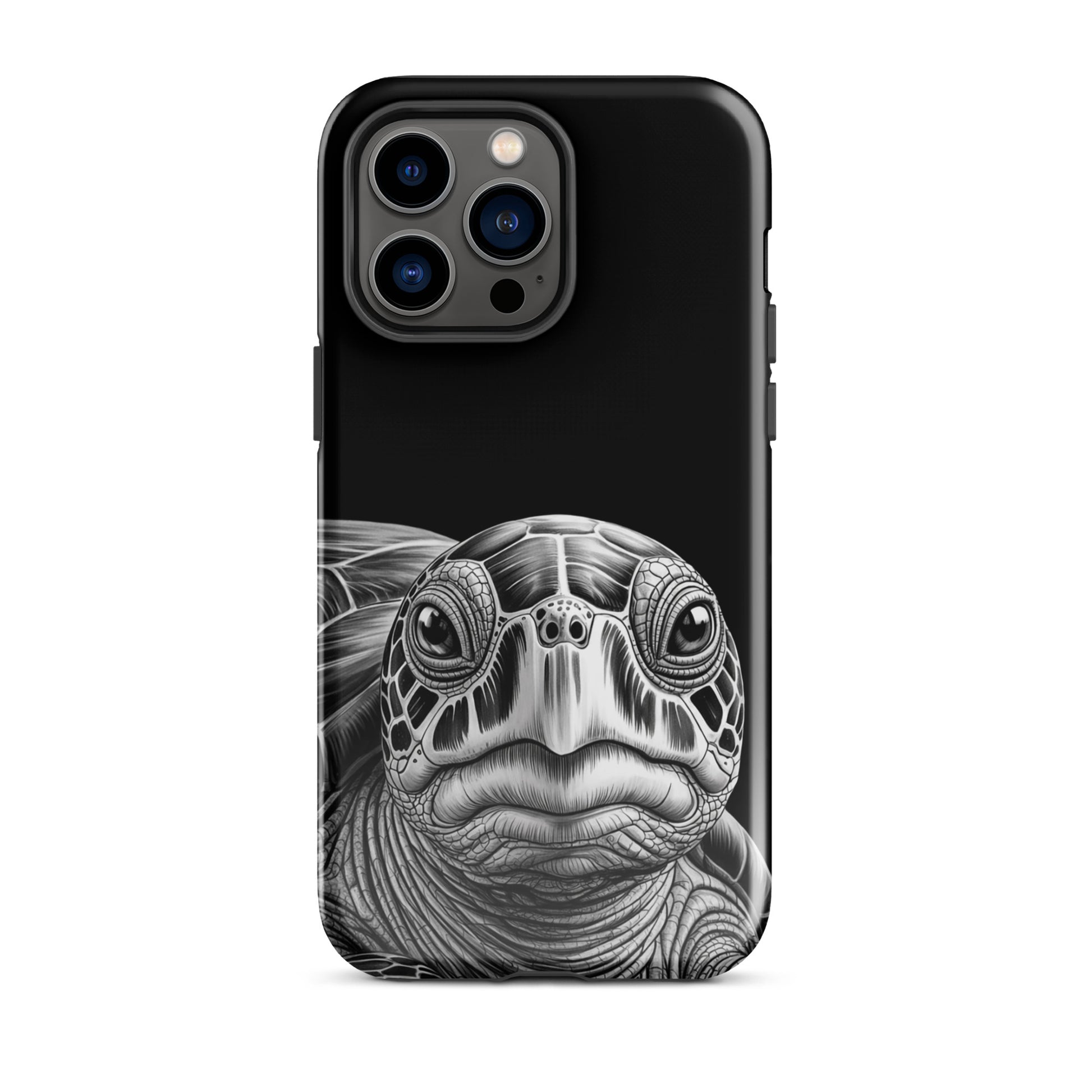 Phone Case for iPhone featuring ancient sea turtle art, realistic black and white design with soulful gaze and intricate shell geometry.