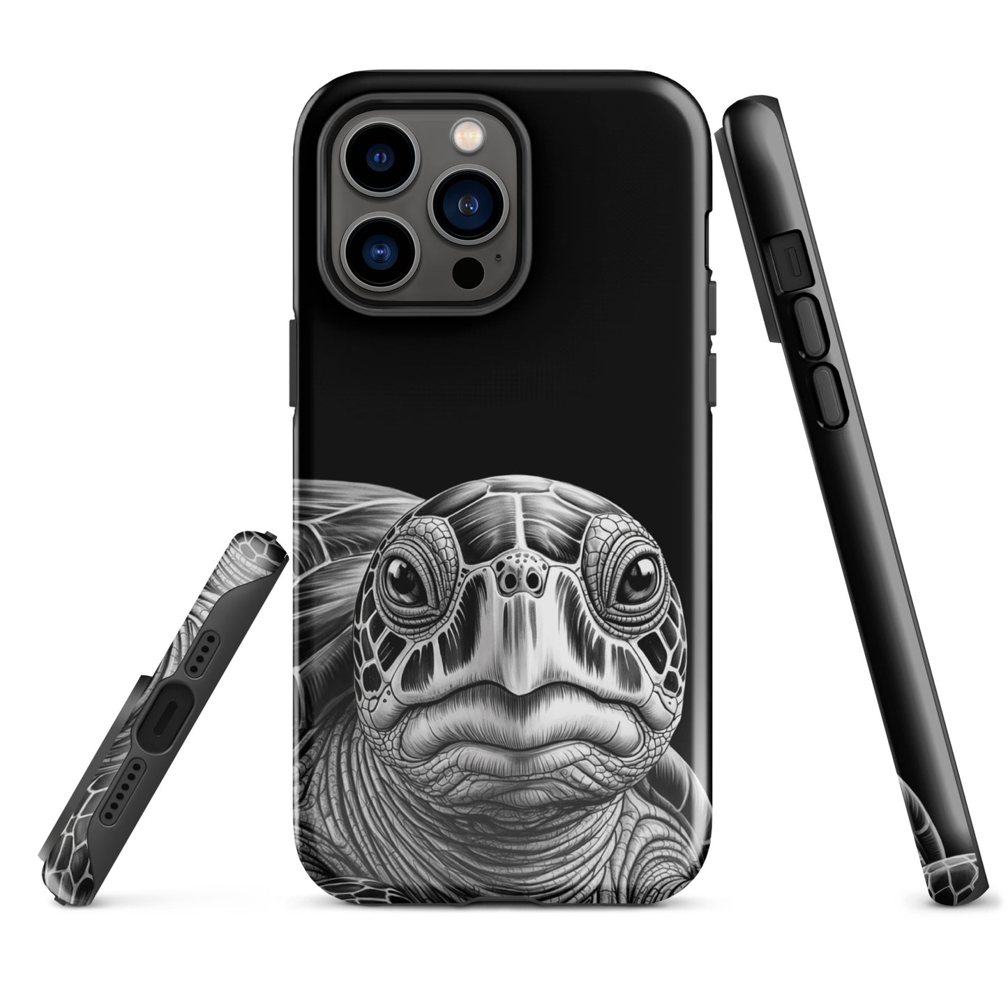 Phone Case with ancient sea turtle art for iPhone, featuring a detailed black-and-white pencil sketch design for timeless protection.