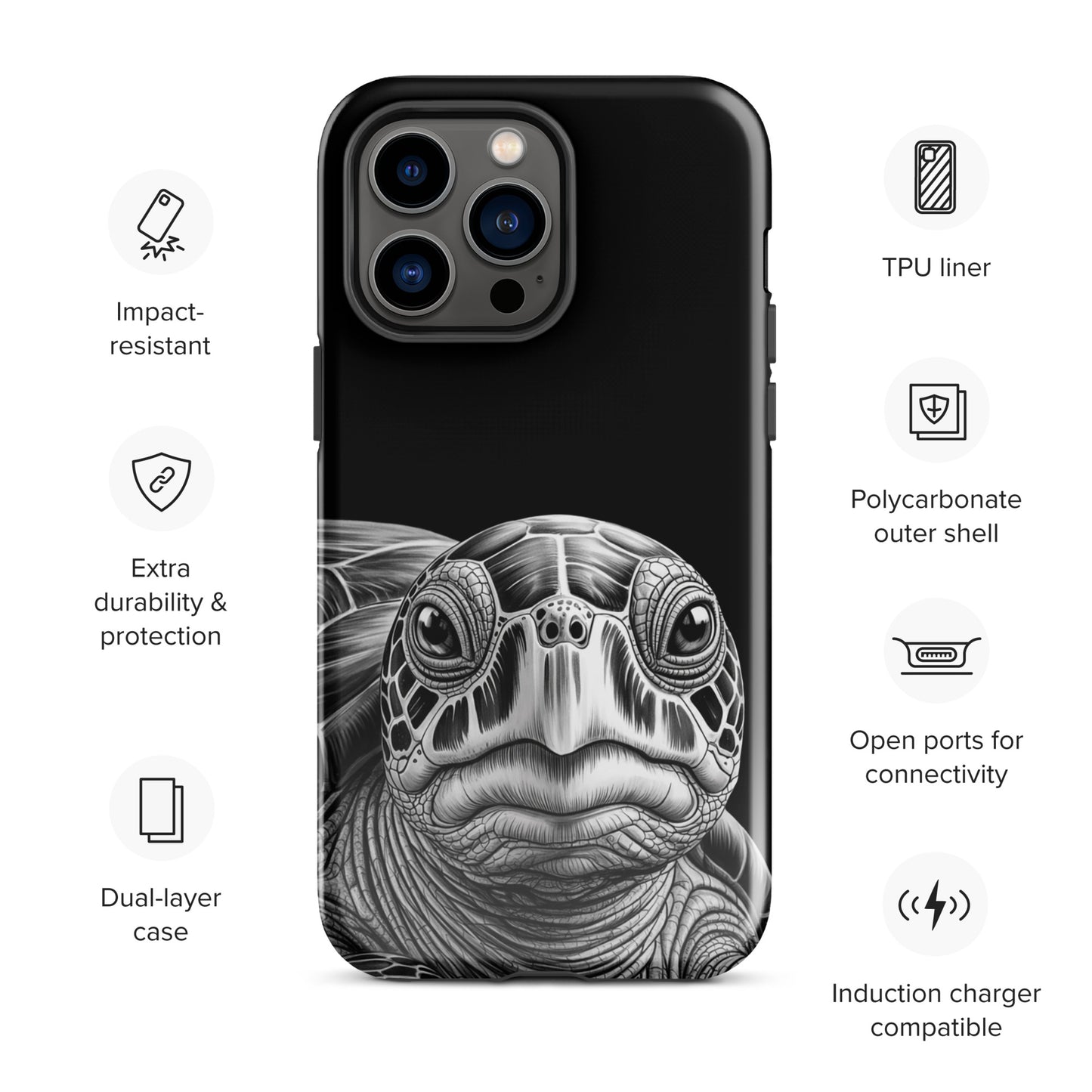 Phone Case for iPhone with ancient sea turtle art, featuring a black-and-white pencil sketch for timeless protection.