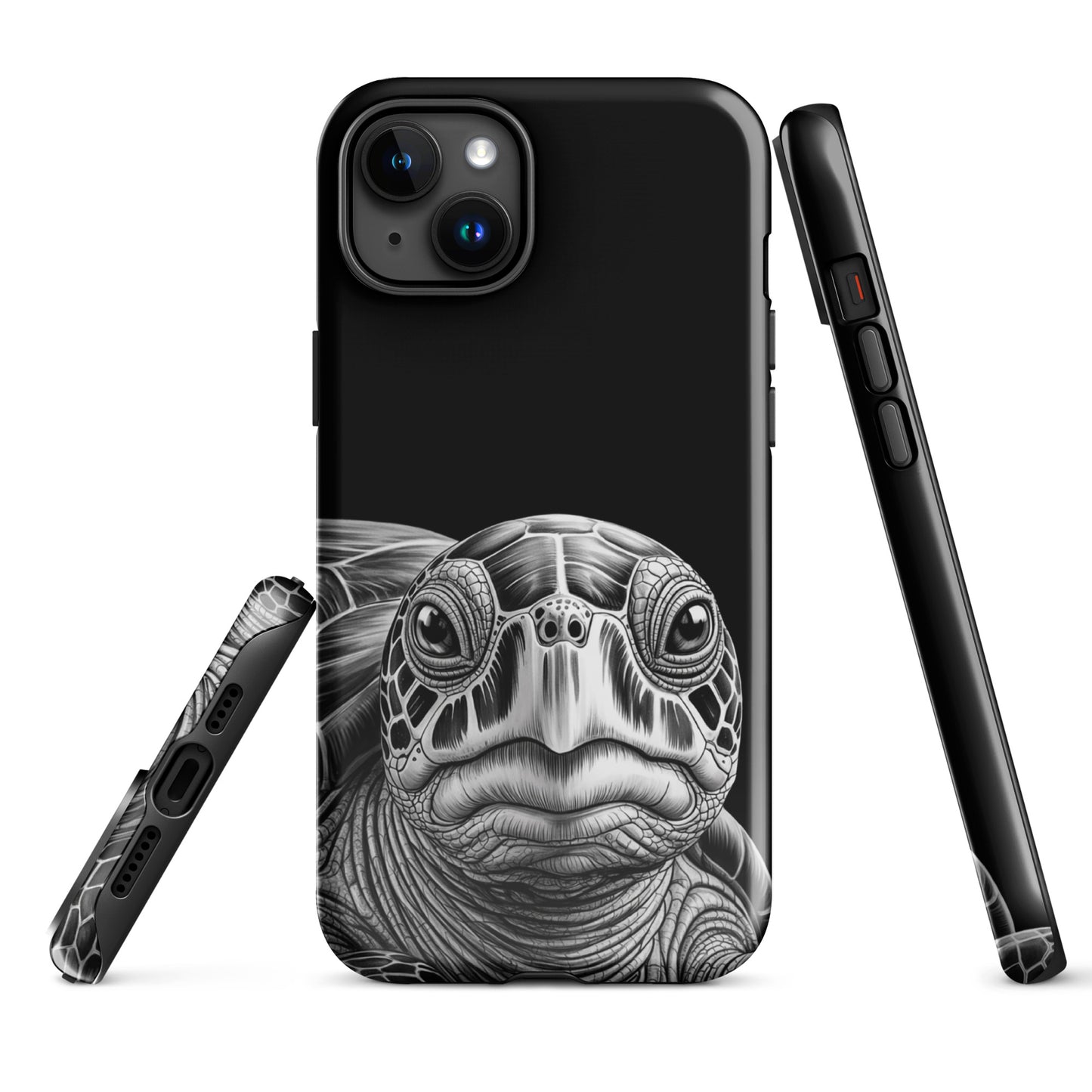 Phone Case for iPhone with ancient sea turtle art, black-and-white pencil sketch design, capturing intricate shell detail and soulful gaze.