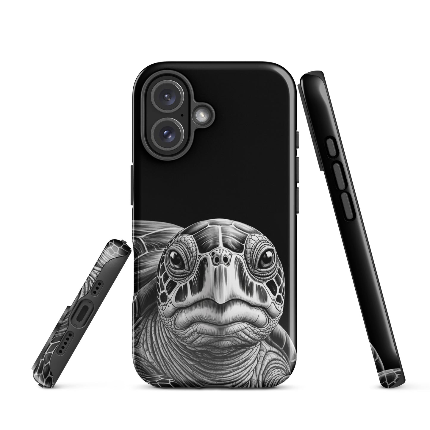 Phone Case with black-and-white sea turtle art for iPhone protection