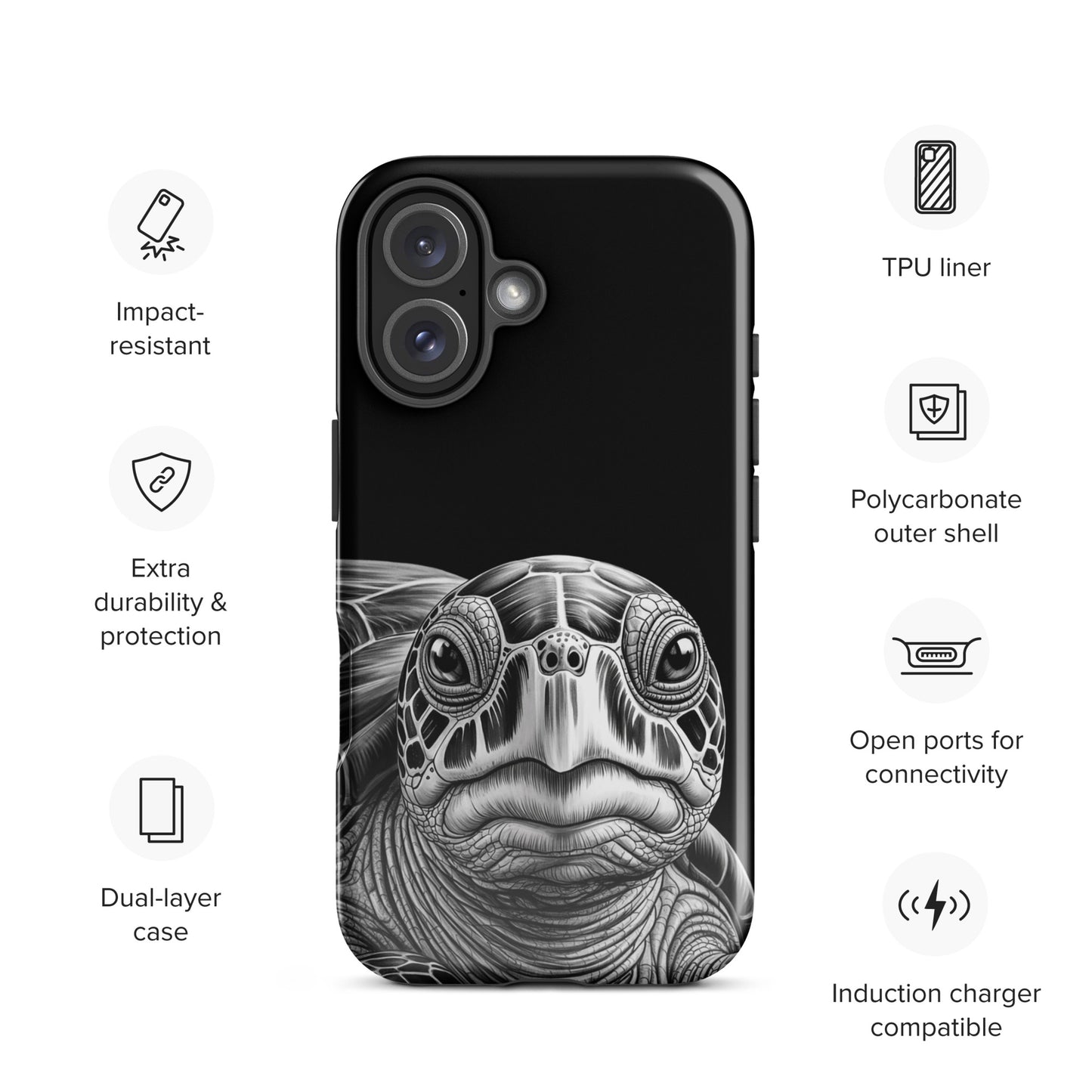Phone Case for iPhone with black-and-white sea turtle sketch design showcasing durability and protection features.