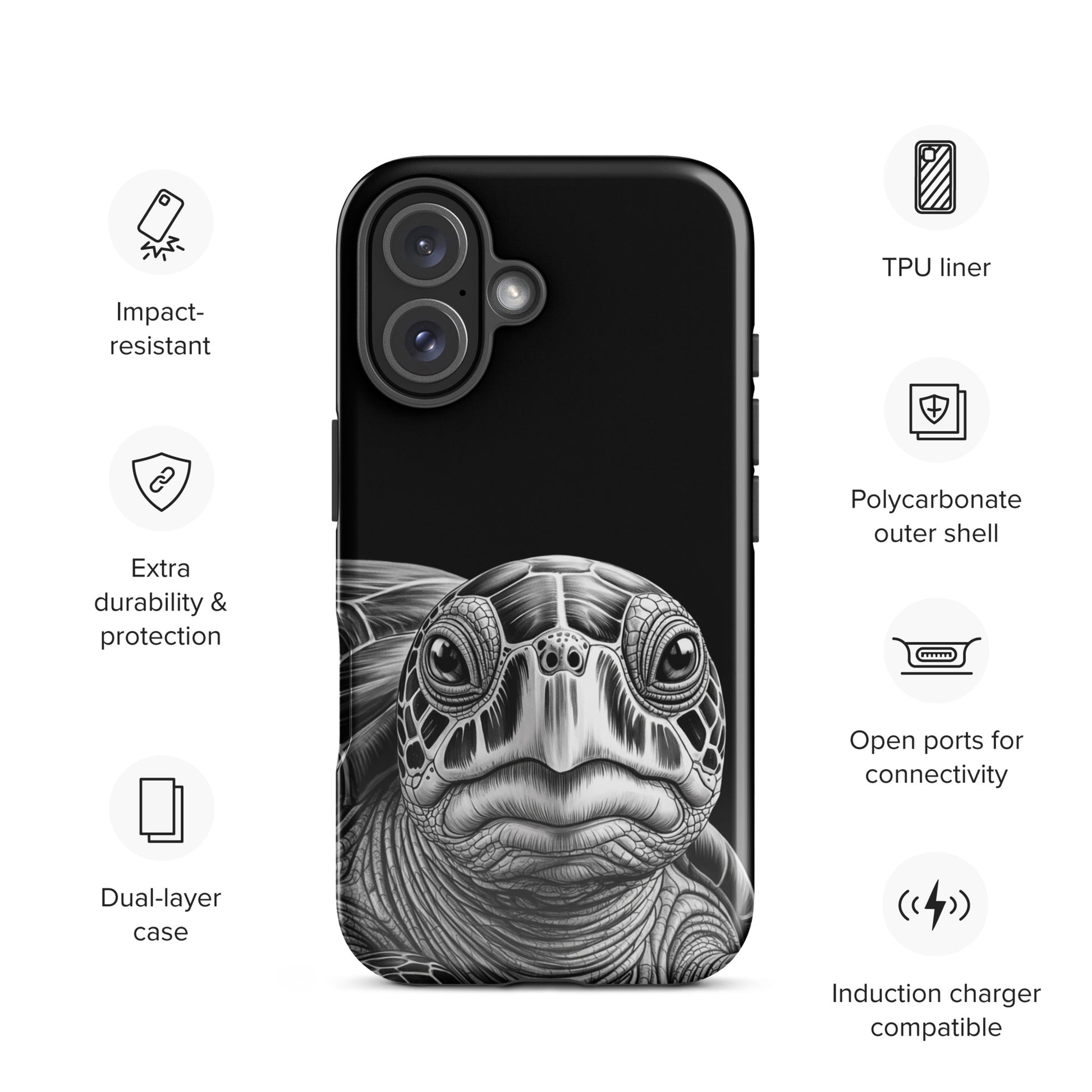 Phone Case for iPhone with black-and-white sea turtle sketch design showcasing durability and protection features.