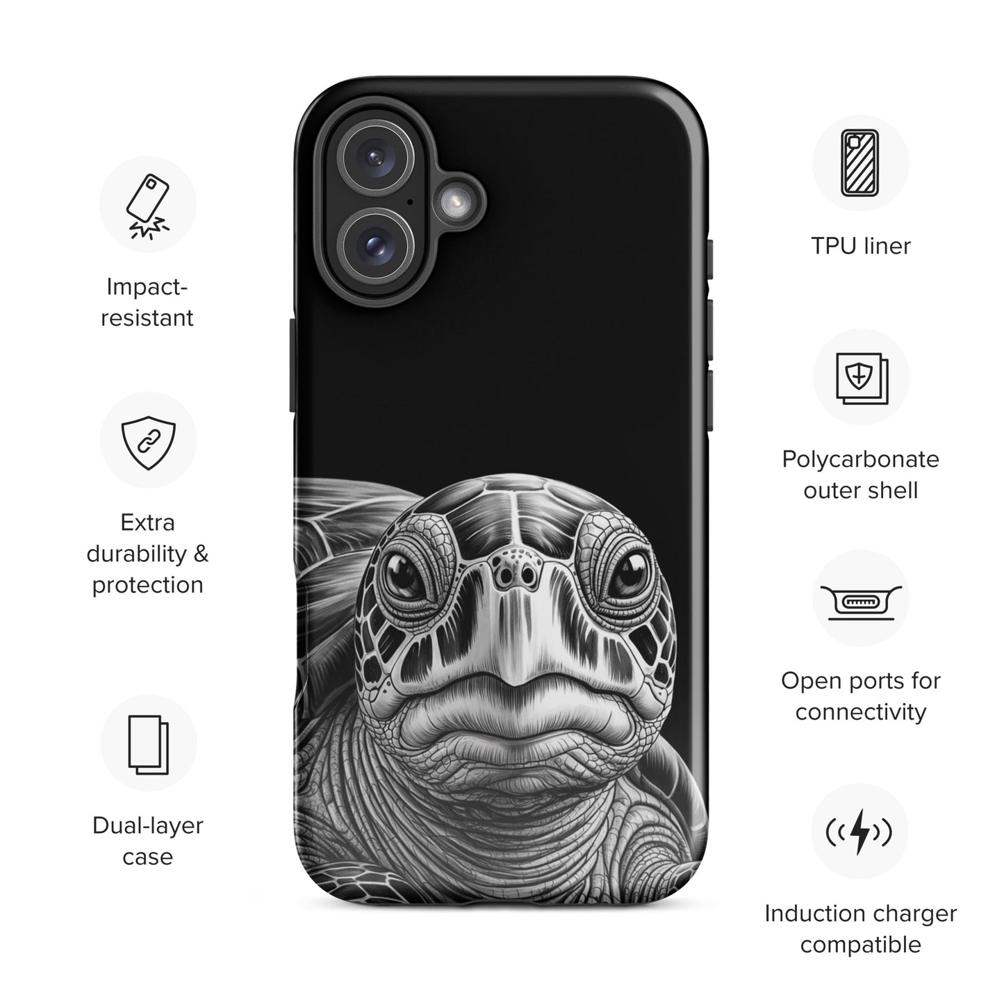 Phone Case for iPhone with ancient sea turtle art showcasing detailed black and white sketch for protection and style.